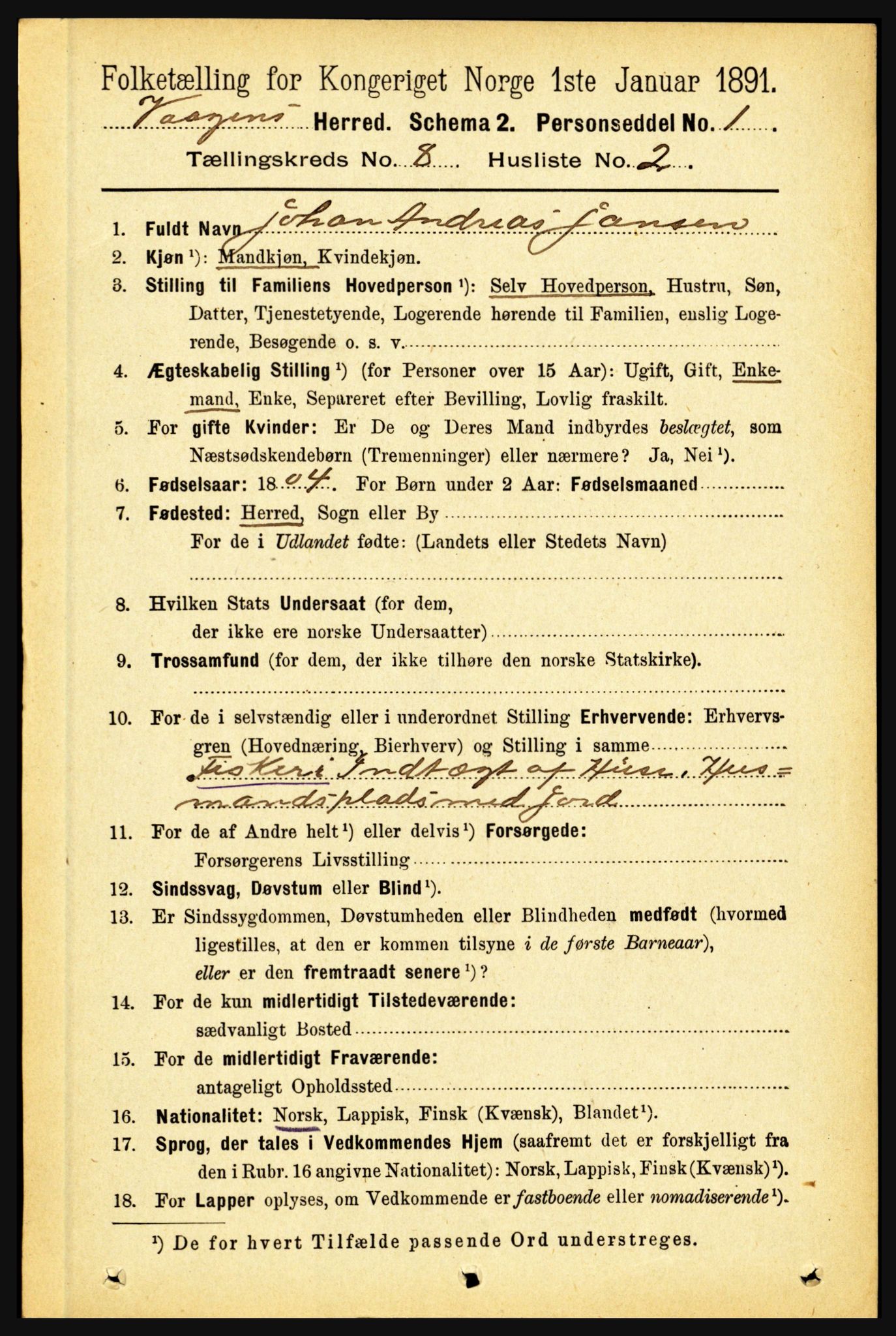 RA, 1891 census for 1865 Vågan, 1891, p. 2101