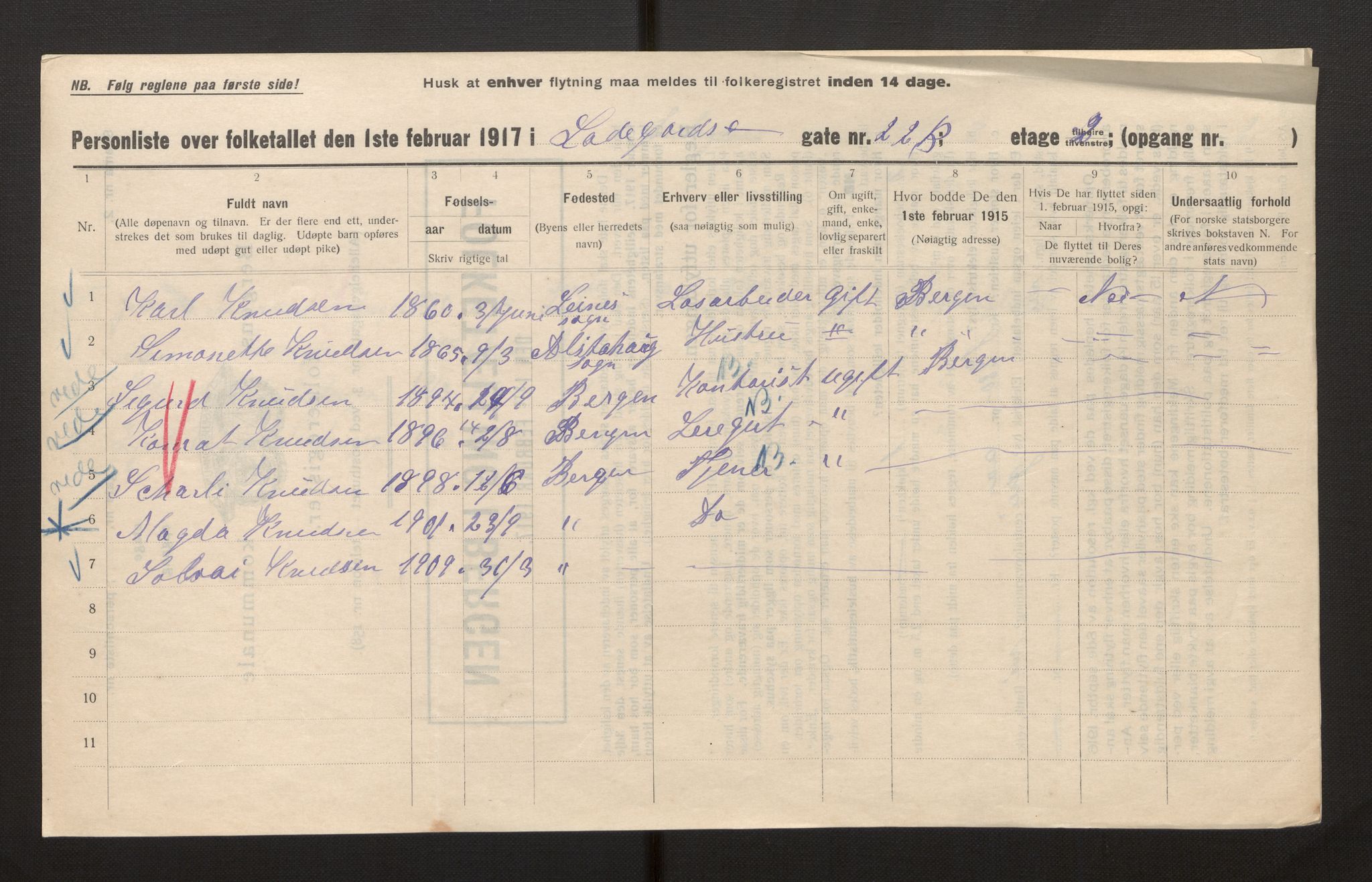 SAB, Municipal Census 1917 for Bergen, 1917, p. 20506