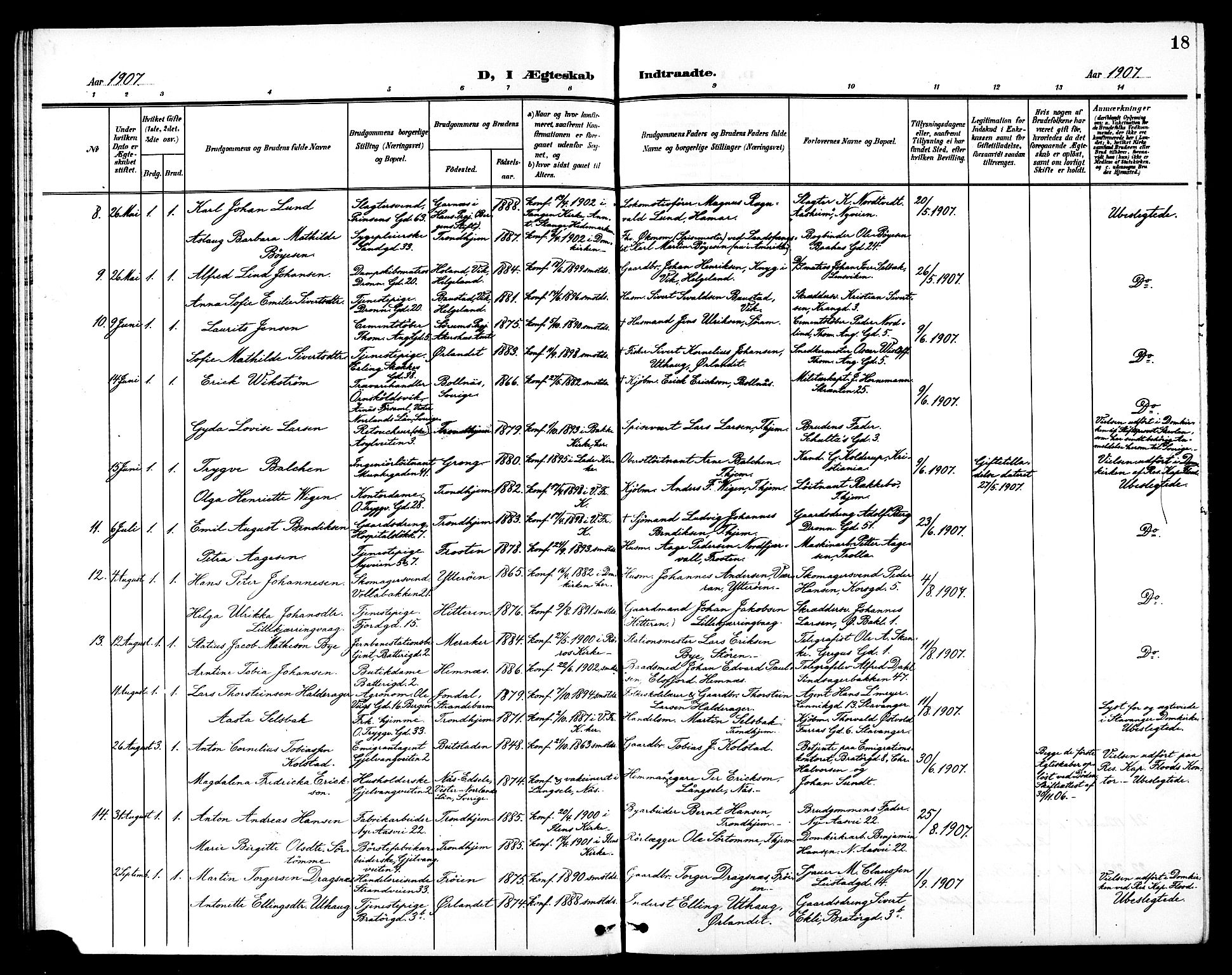 Ministerialprotokoller, klokkerbøker og fødselsregistre - Sør-Trøndelag, SAT/A-1456/602/L0145: Parish register (copy) no. 602C13, 1902-1919, p. 18