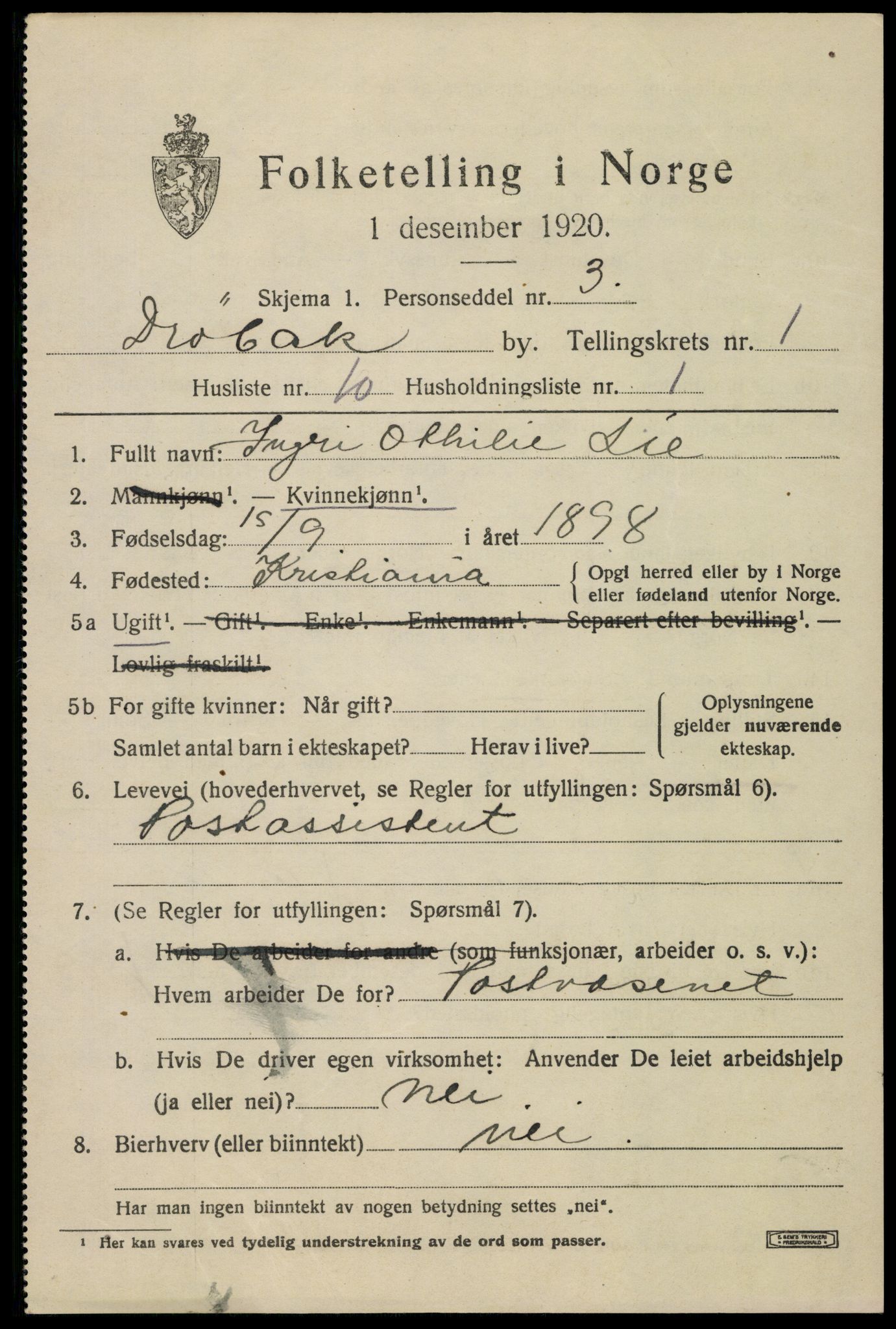 SAO, 1920 census for Drøbak, 1920, p. 2101