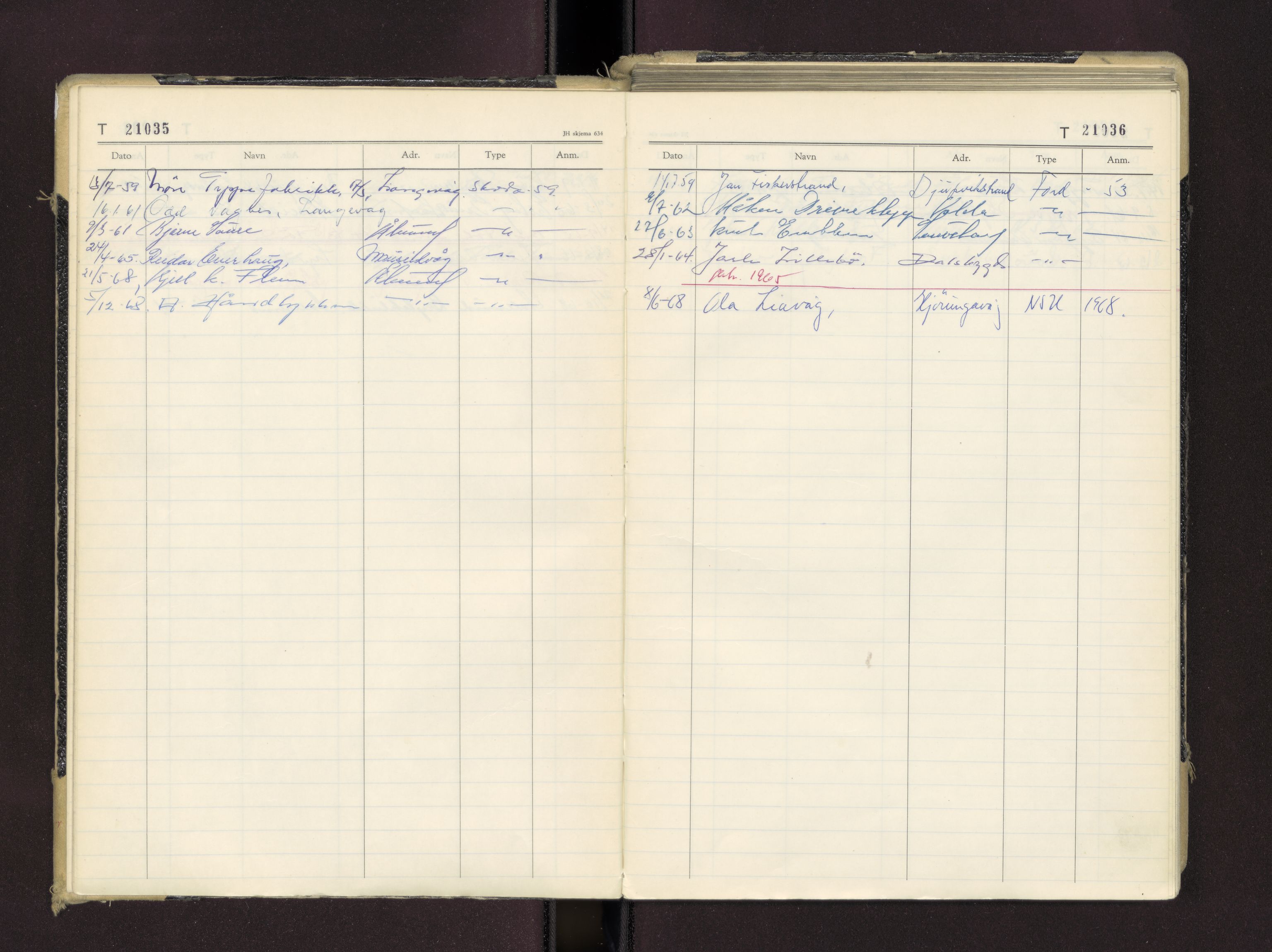 Møre og Romsdal vegkontor - Ålesund trafikkstasjon, AV/SAT-A-4099/F/Fc/L0016: Bilregister; T 21000 - T 21499, 1955-1970
