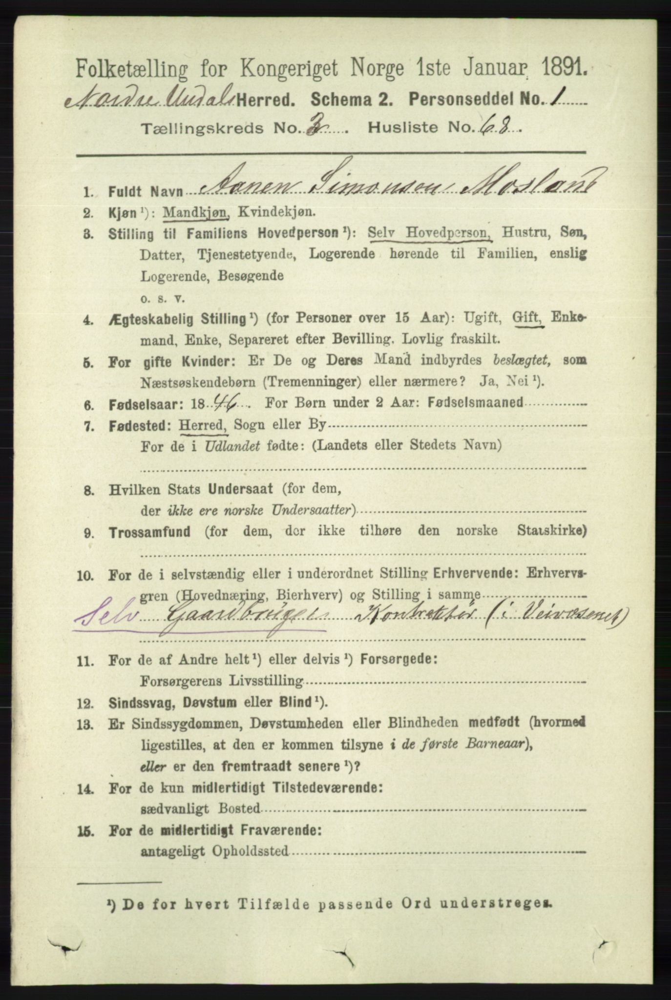 RA, 1891 census for 1028 Nord-Audnedal, 1891, p. 1070