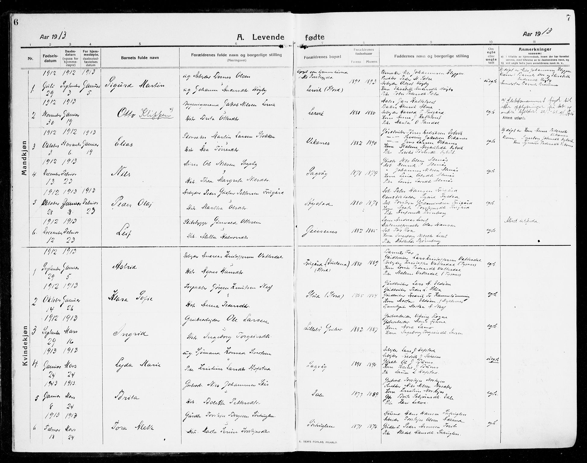 Stord sokneprestembete, AV/SAB-A-78201/H/Haa: Parish register (official) no. B 3, 1913-1925, p. 6-7