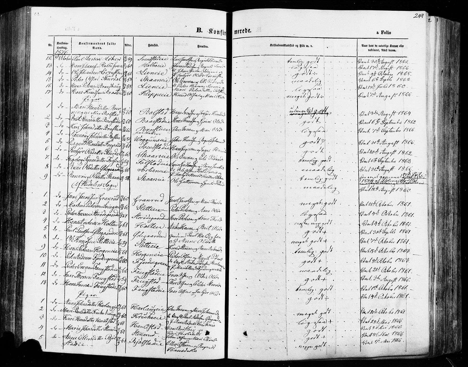 Vågå prestekontor, SAH/PREST-076/H/Ha/Haa/L0007: Parish register (official) no. 7 /1, 1872-1886, p. 244
