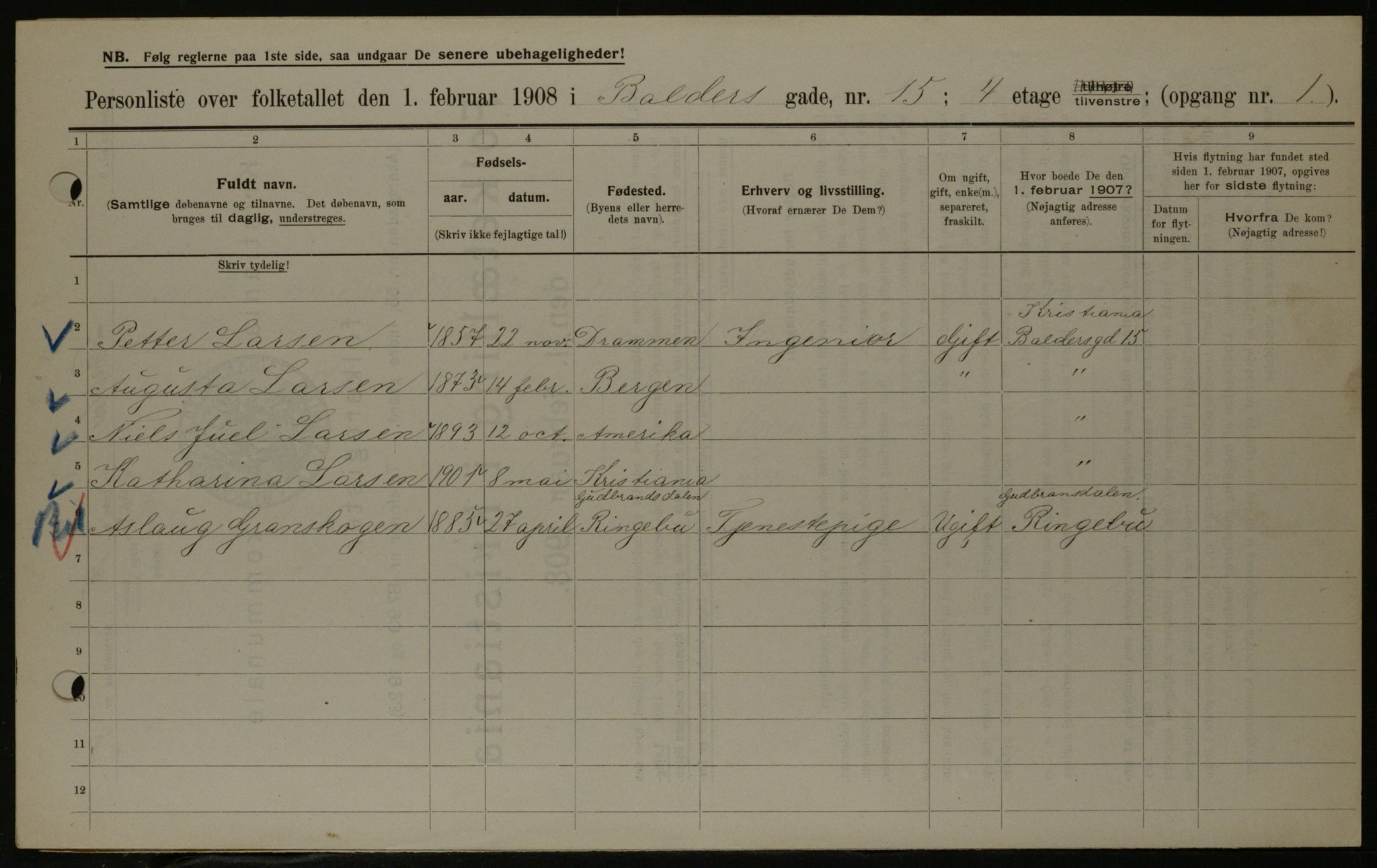 OBA, Municipal Census 1908 for Kristiania, 1908, p. 3315