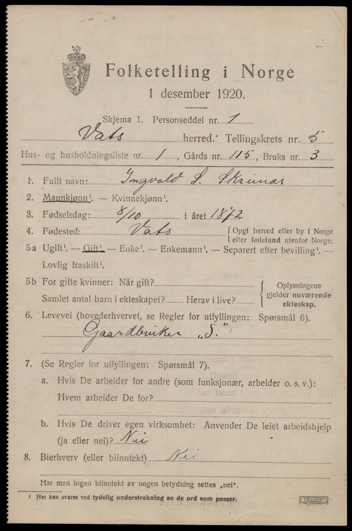 SAST, 1920 census for Vats, 1920, p. 1883