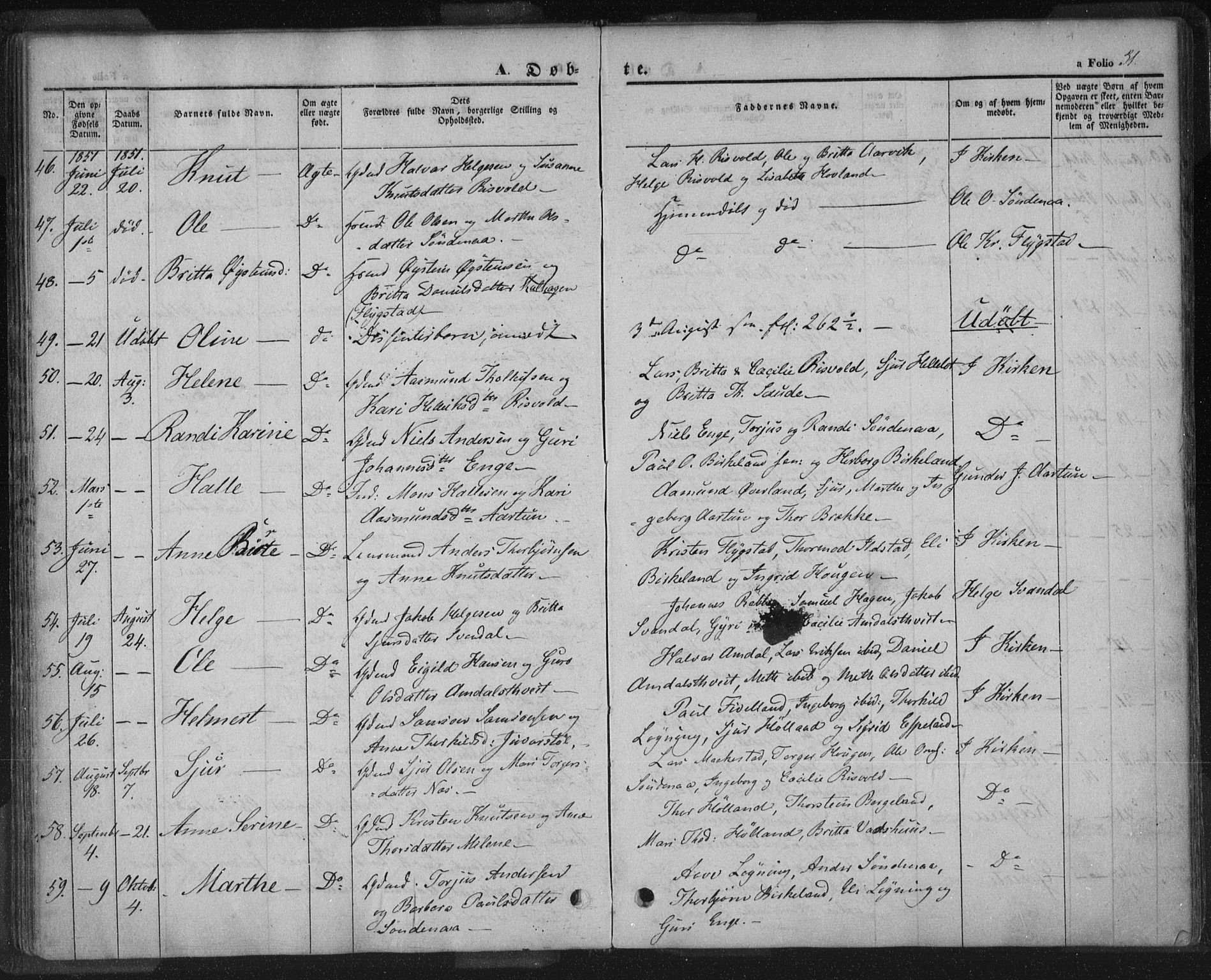 Sand sokneprestkontor, AV/SAST-A-101848/01/III/L0002: Parish register (official) no. A 2, 1838-1859, p. 51