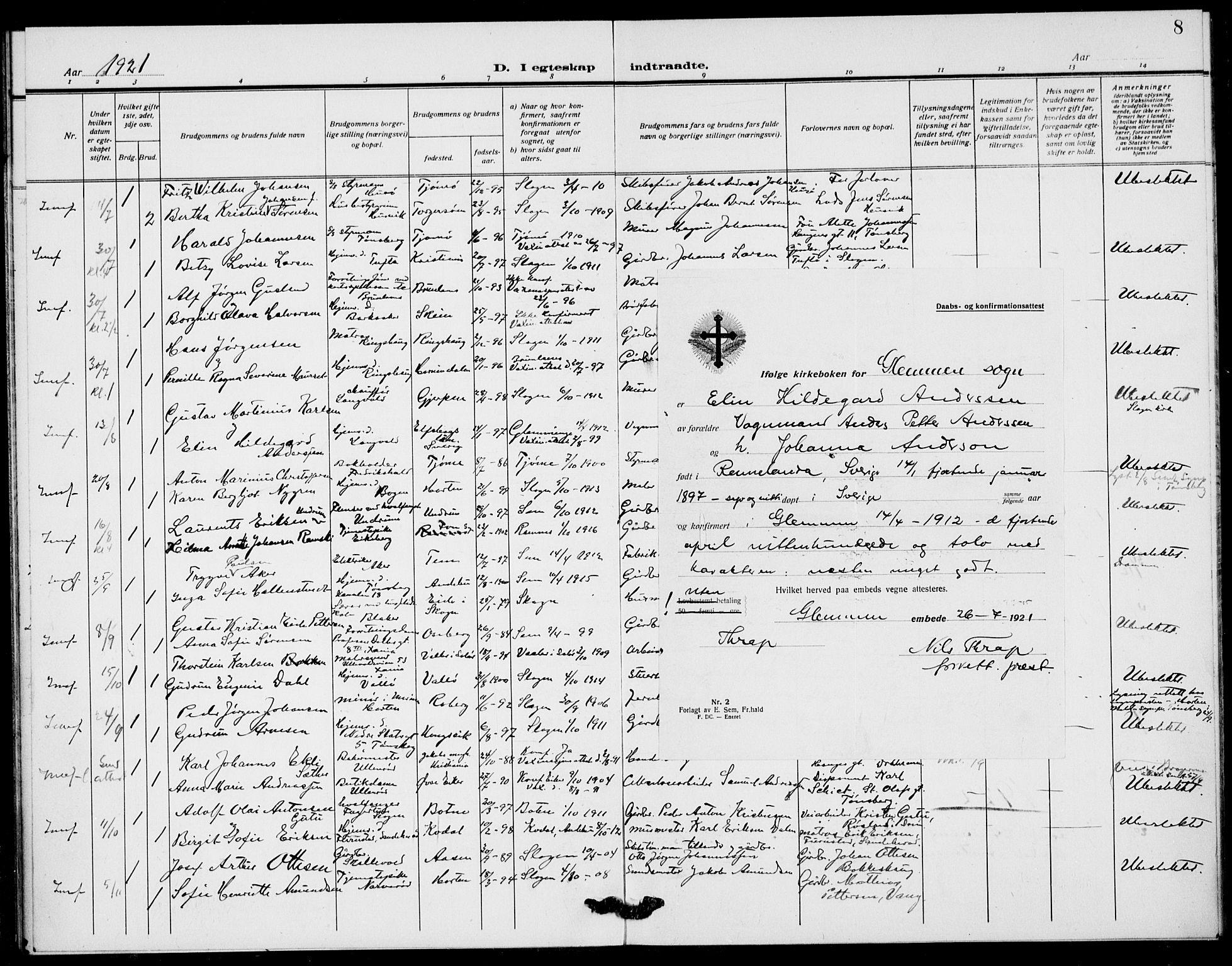 Sem kirkebøker, AV/SAKO-A-5/H/Ha/L0003: Banns register no. 3, 1919-1925, p. 8