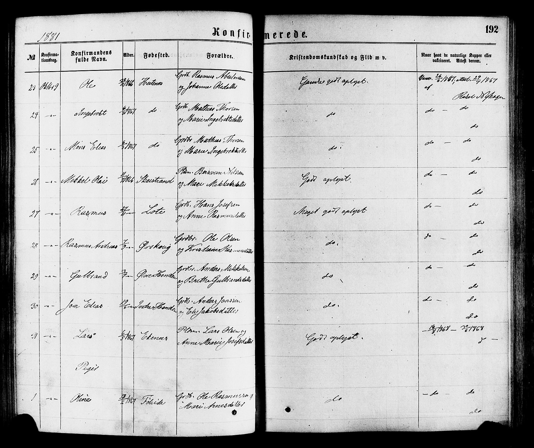 Gloppen sokneprestembete, AV/SAB-A-80101/H/Haa/Haaa/L0010: Parish register (official) no. A 10, 1871-1884, p. 192