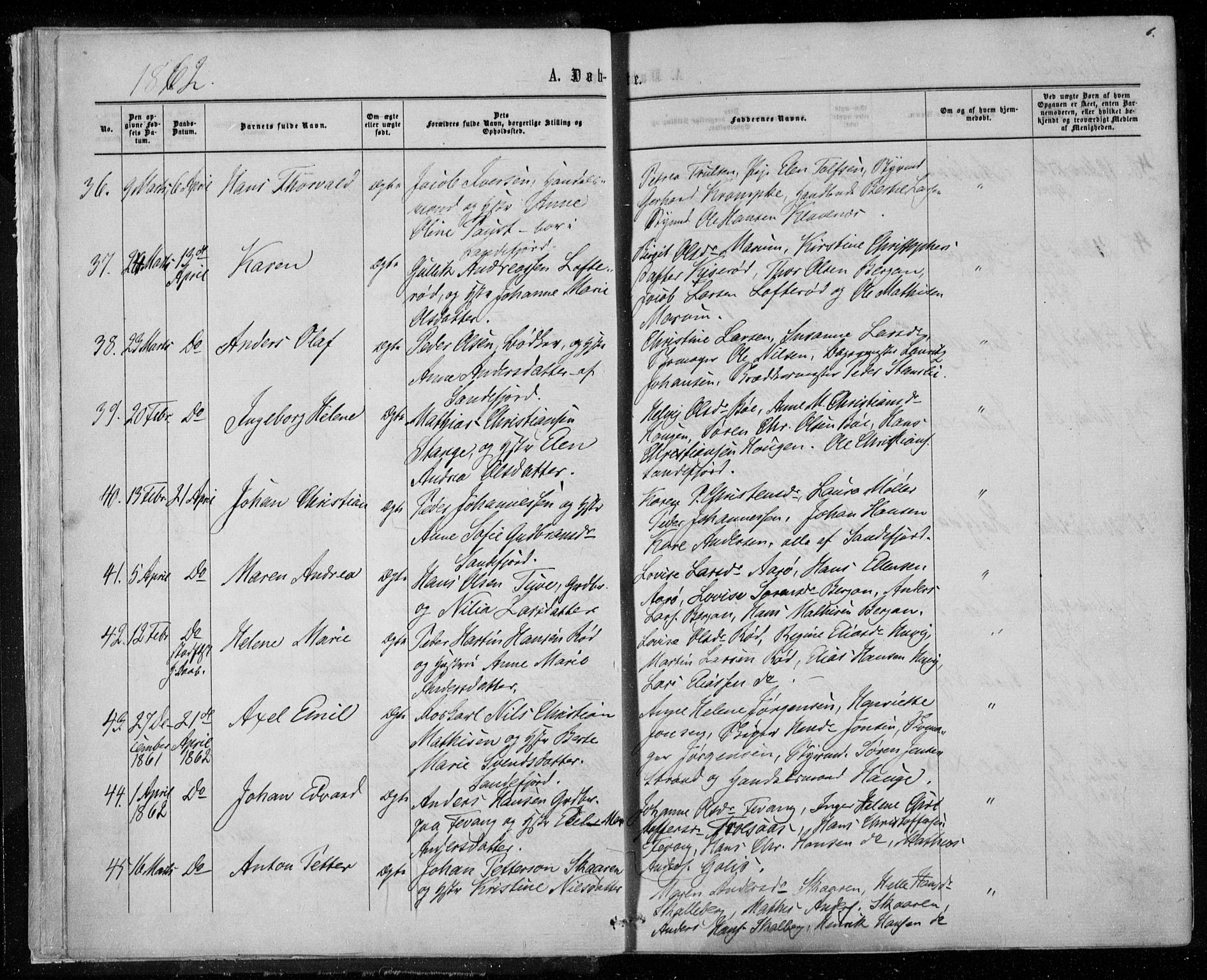 Sandar kirkebøker, AV/SAKO-A-243/F/Fa/L0008: Parish register (official) no. 8, 1862-1871, p. 6