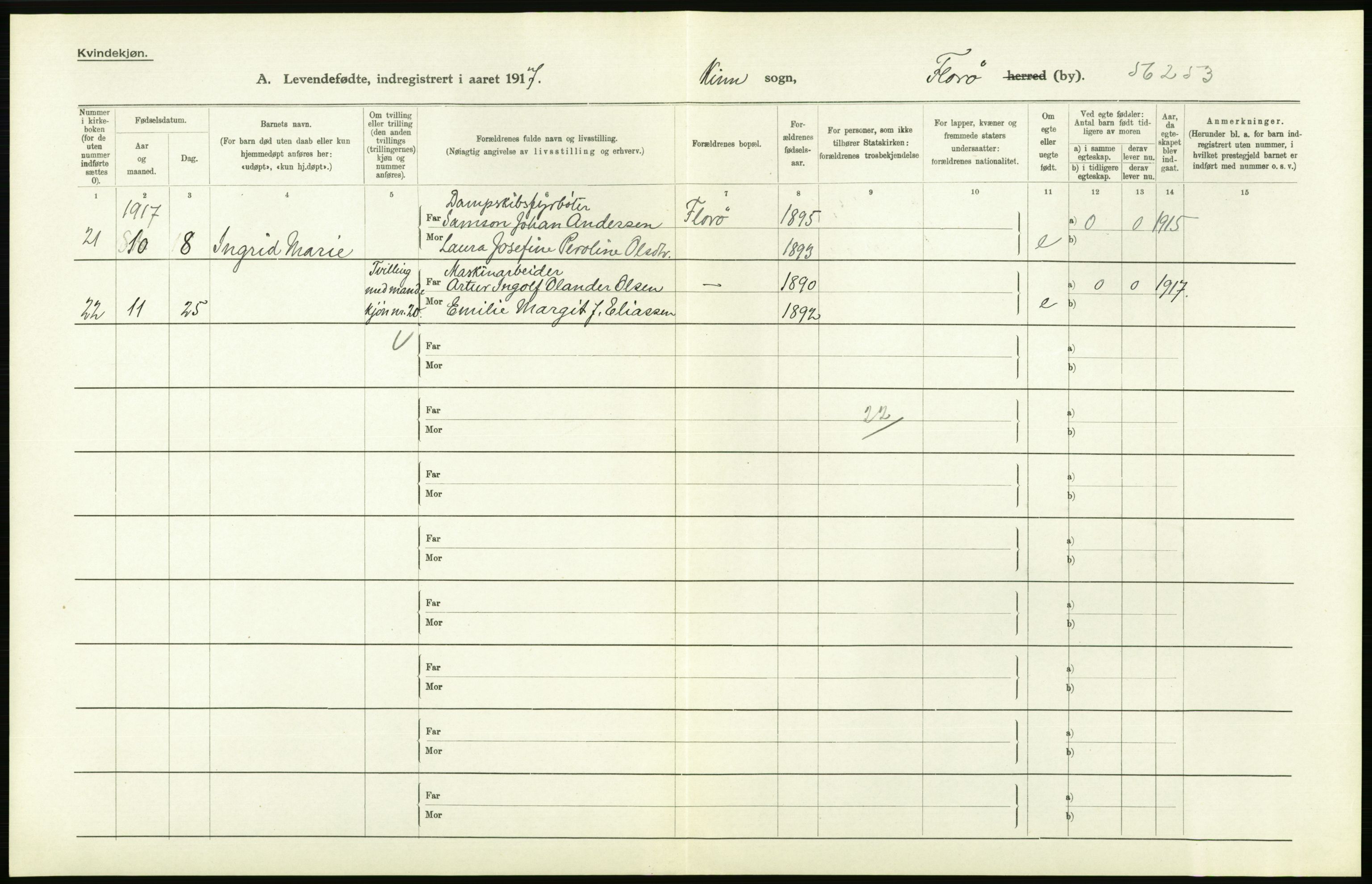Statistisk sentralbyrå, Sosiodemografiske emner, Befolkning, AV/RA-S-2228/D/Df/Dfb/Dfbg/L0041: Florø by: Levendefødte menn og kvinner, gifte, døde, dødfødte., 1917, p. 12