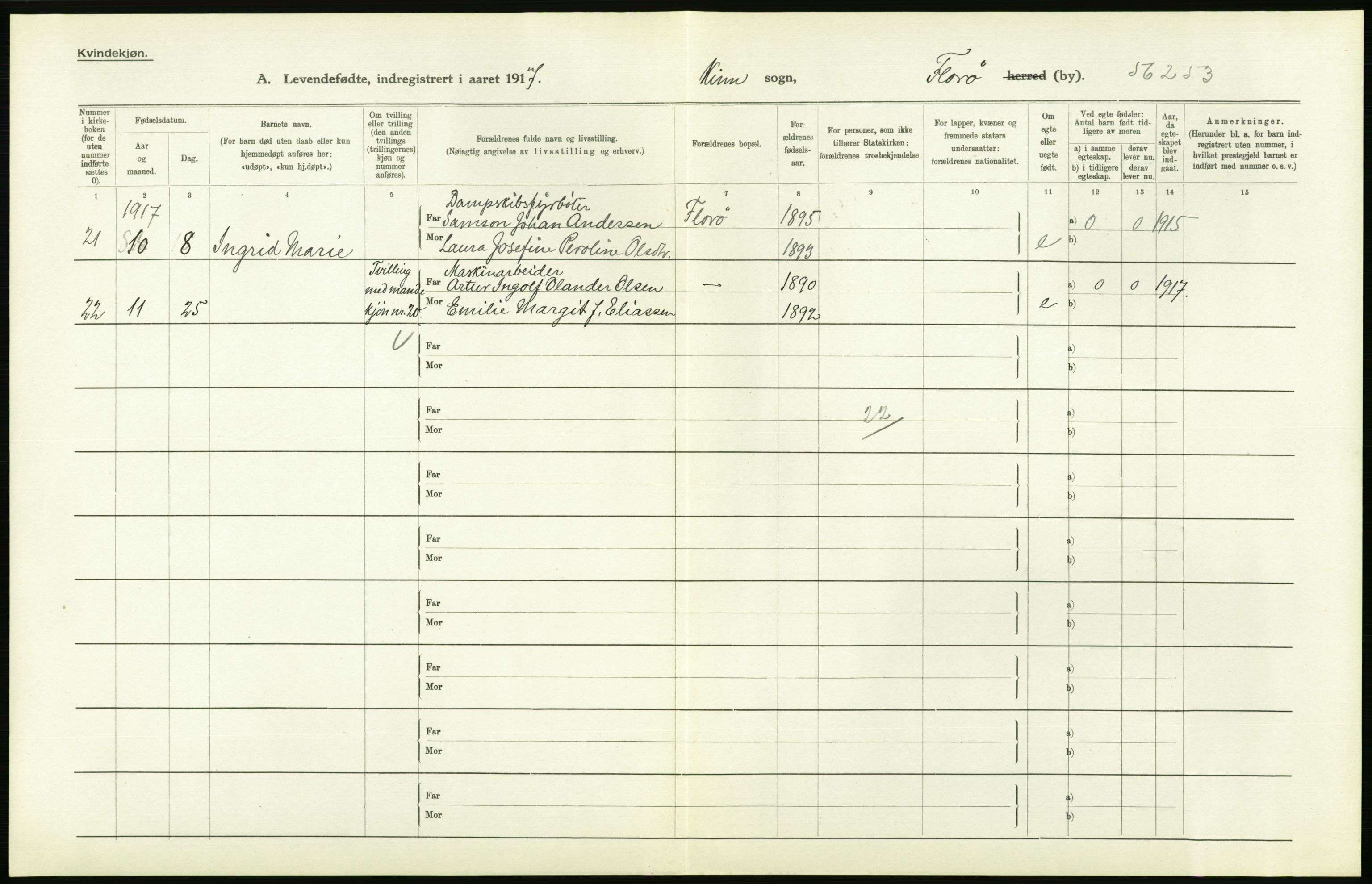 Statistisk sentralbyrå, Sosiodemografiske emner, Befolkning, RA/S-2228/D/Df/Dfb/Dfbg/L0041: Florø by: Levendefødte menn og kvinner, gifte, døde, dødfødte., 1917, p. 12