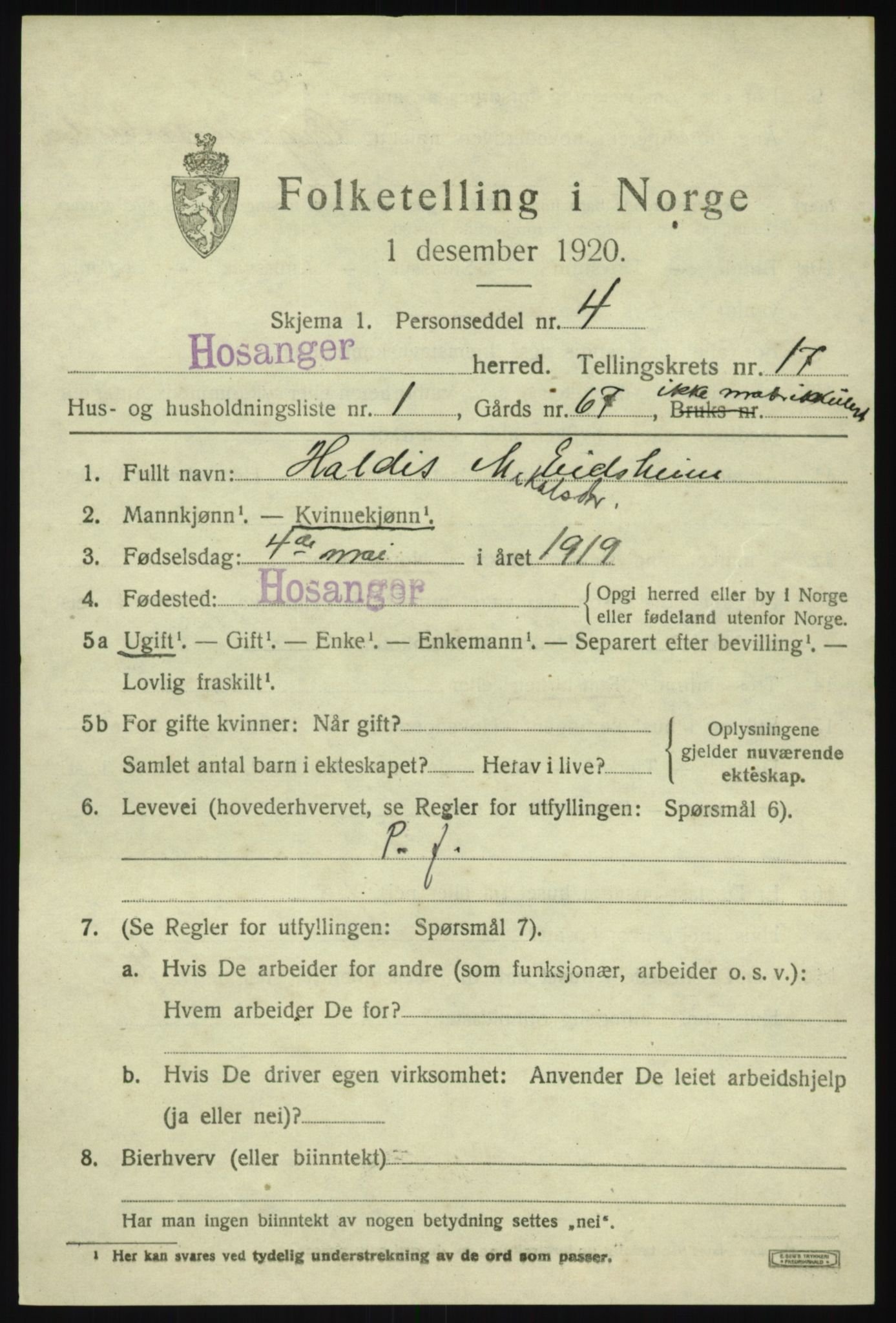 SAB, 1920 census for Hosanger, 1920, p. 6479