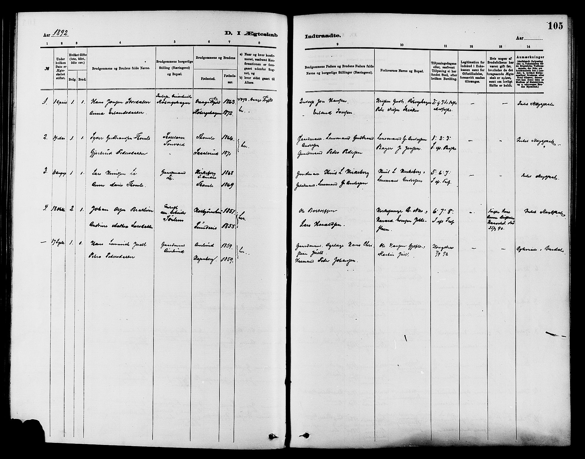 Nordre Land prestekontor, AV/SAH-PREST-124/H/Ha/Haa/L0003: Parish register (official) no. 3, 1882-1896, p. 105