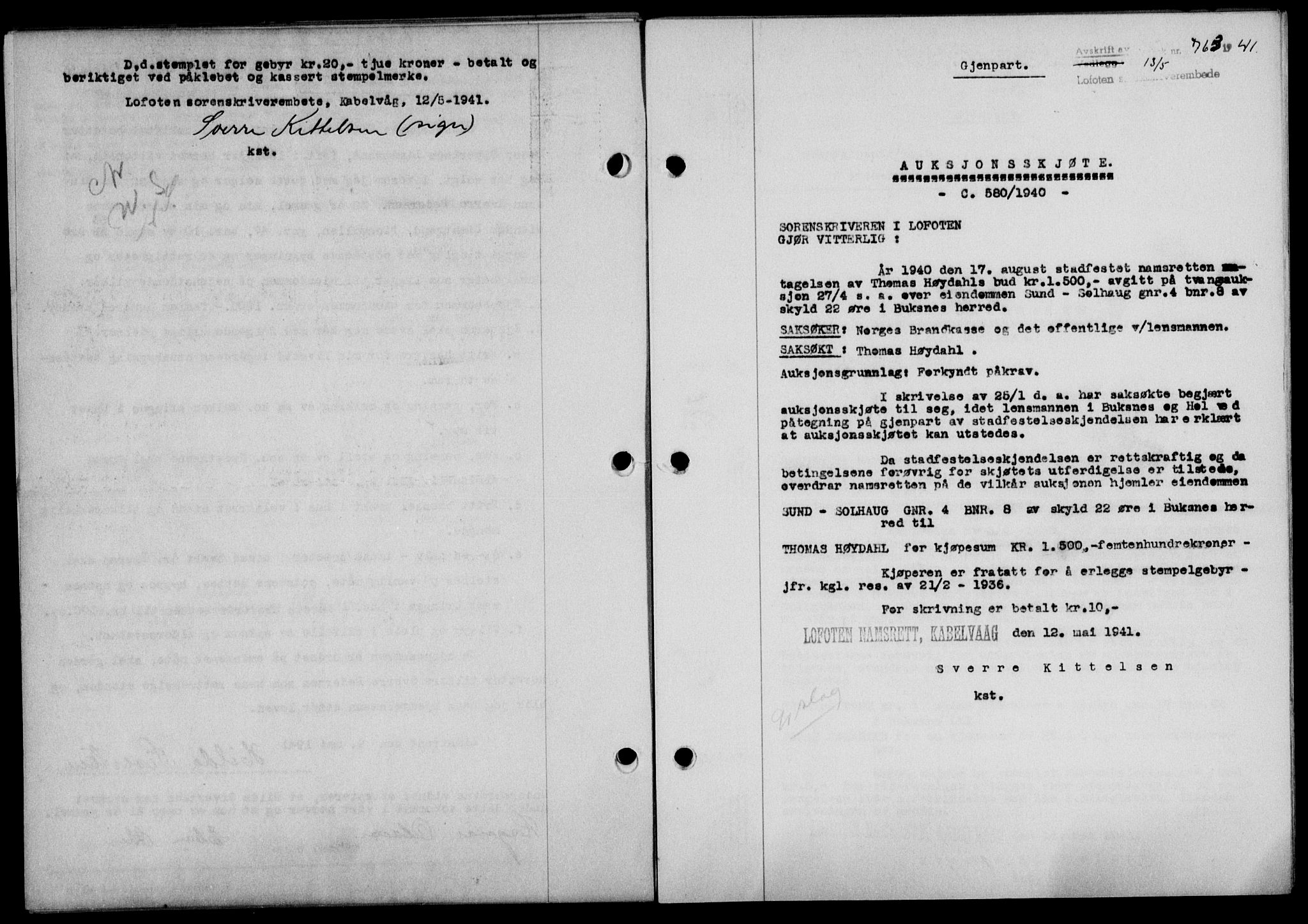 Lofoten sorenskriveri, SAT/A-0017/1/2/2C/L0008a: Mortgage book no. 8a, 1940-1941, Diary no: : 763/1941