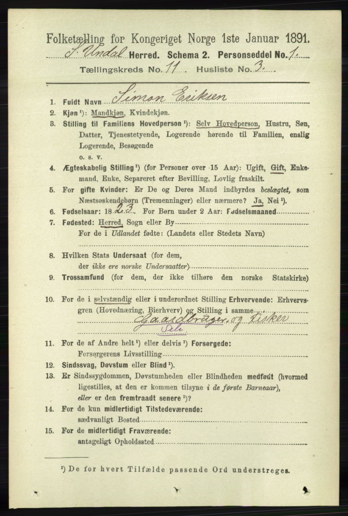 RA, 1891 census for 1029 Sør-Audnedal, 1891, p. 5138