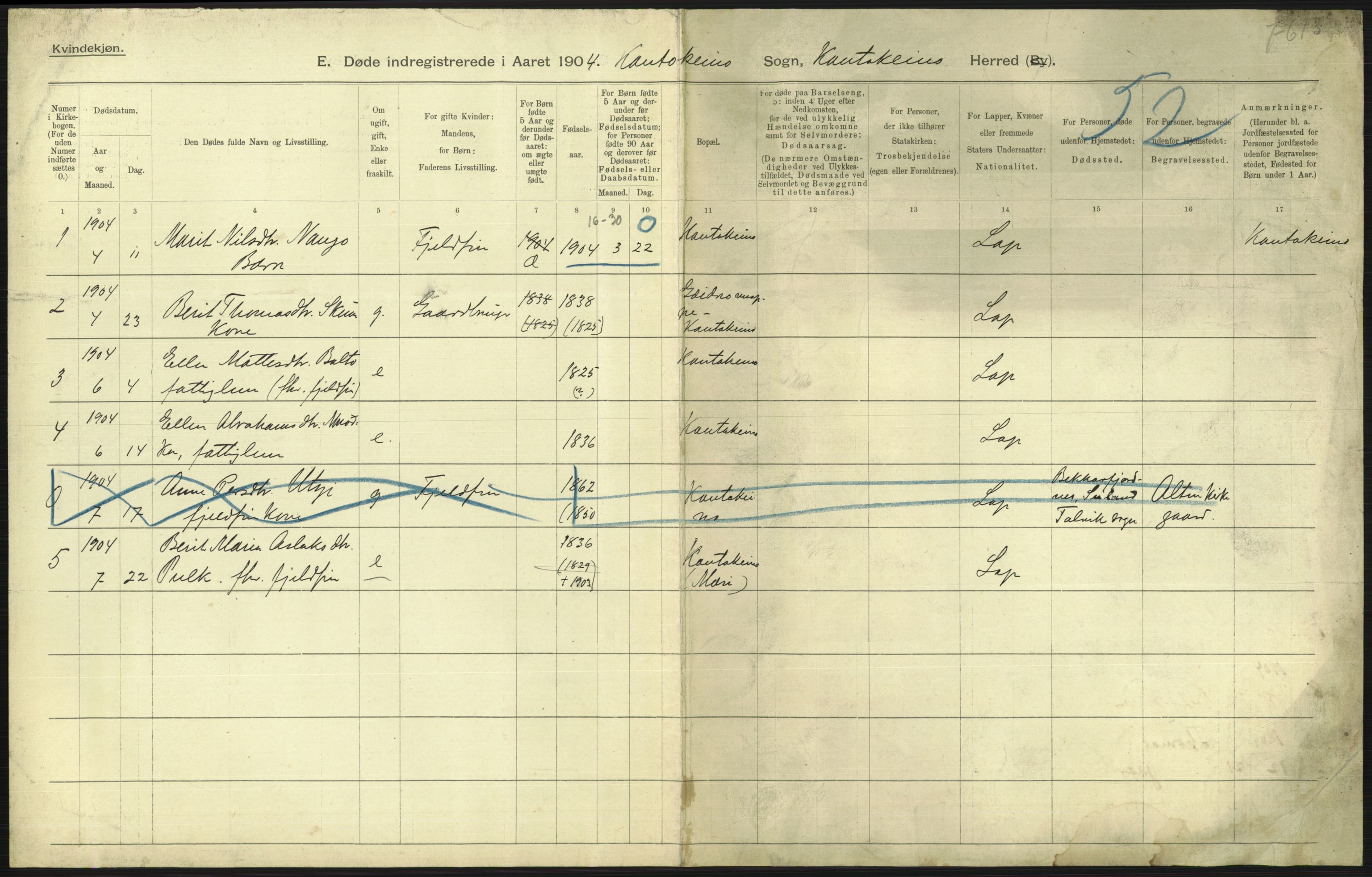 Statistisk sentralbyrå, Sosiodemografiske emner, Befolkning, RA/S-2228/D/Df/Dfa/Dfab/L0023: Finnmarkens amt: Fødte, gifte, døde, 1904, p. 217