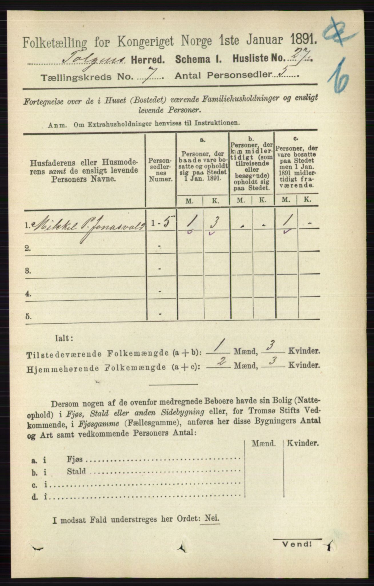 RA, 1891 census for 0436 Tolga, 1891, p. 2014