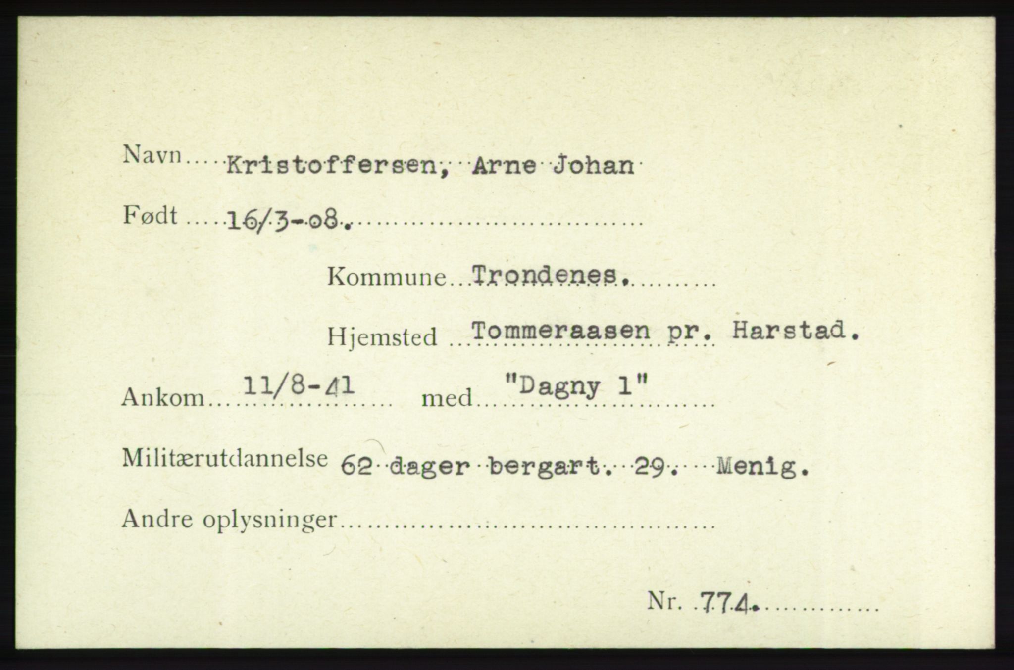 Forsvarets Overkommando. 2. kontor. Arkiv 8.1. Mottakersentralen FDE og FO.II, RA/RAFA-6952/P/Pa/L0012: Kristoffersen - Lindstedt , 1940-1945, p. 3
