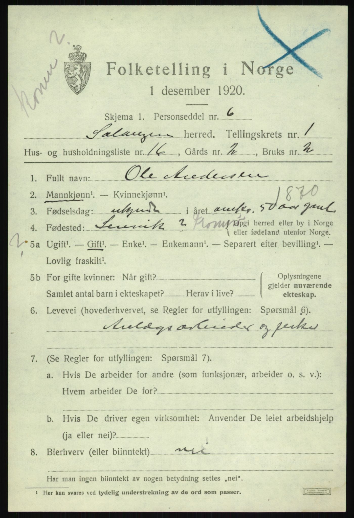 SATØ, 1920 census for Salangen, 1920, p. 1160