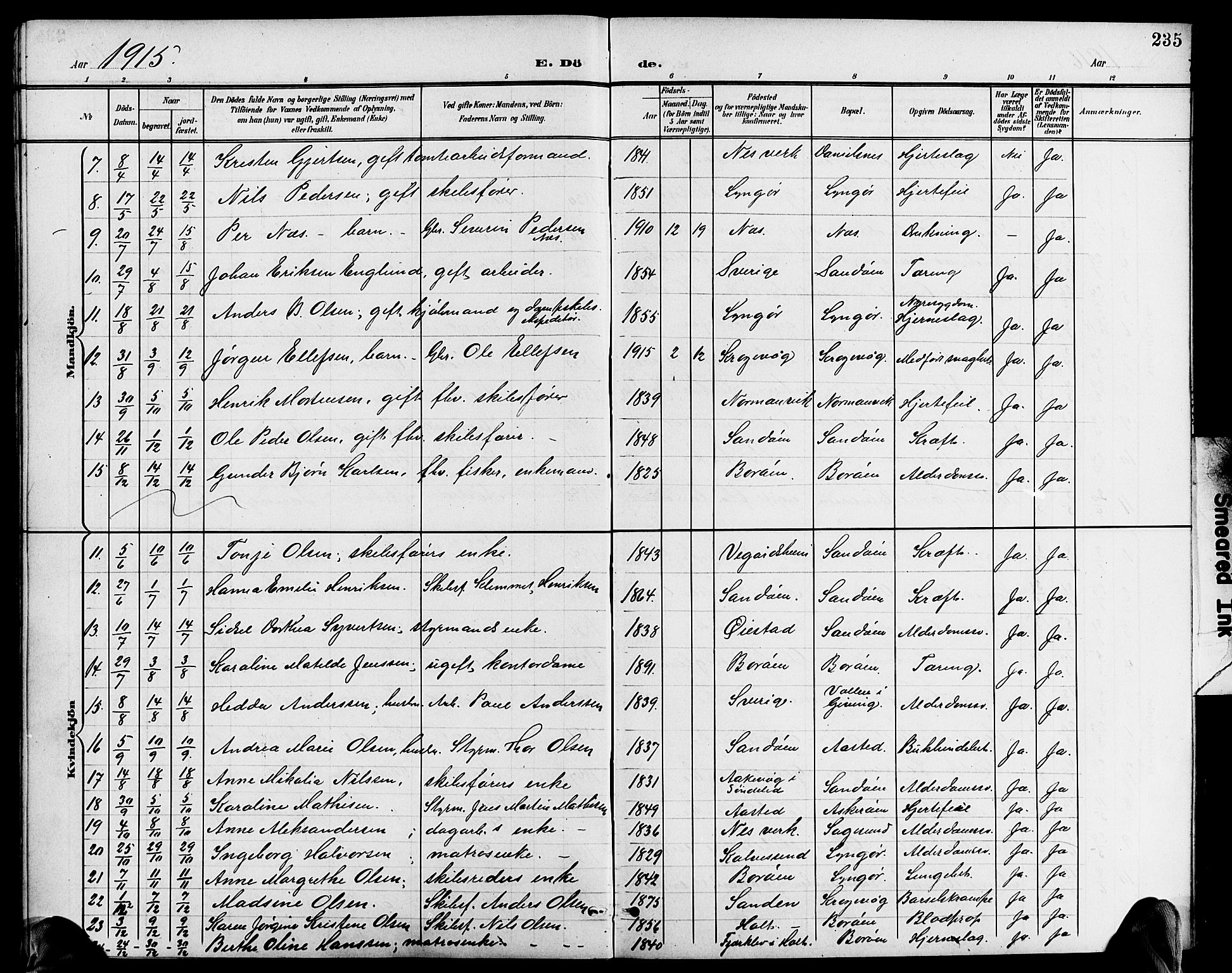 Dypvåg sokneprestkontor, AV/SAK-1111-0007/F/Fb/Fba/L0014: Parish register (copy) no. B 14, 1901-1922, p. 235