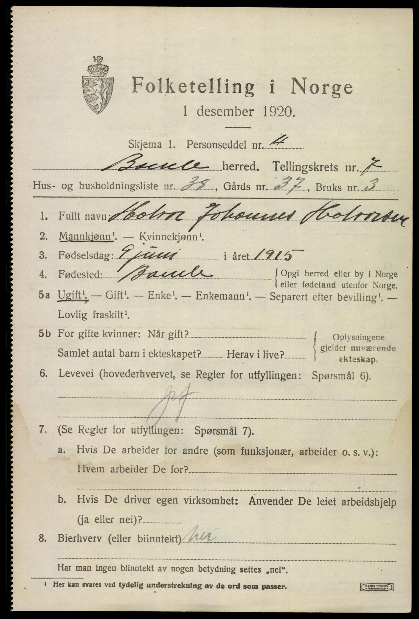 SAKO, 1920 census for Bamble, 1920, p. 7365