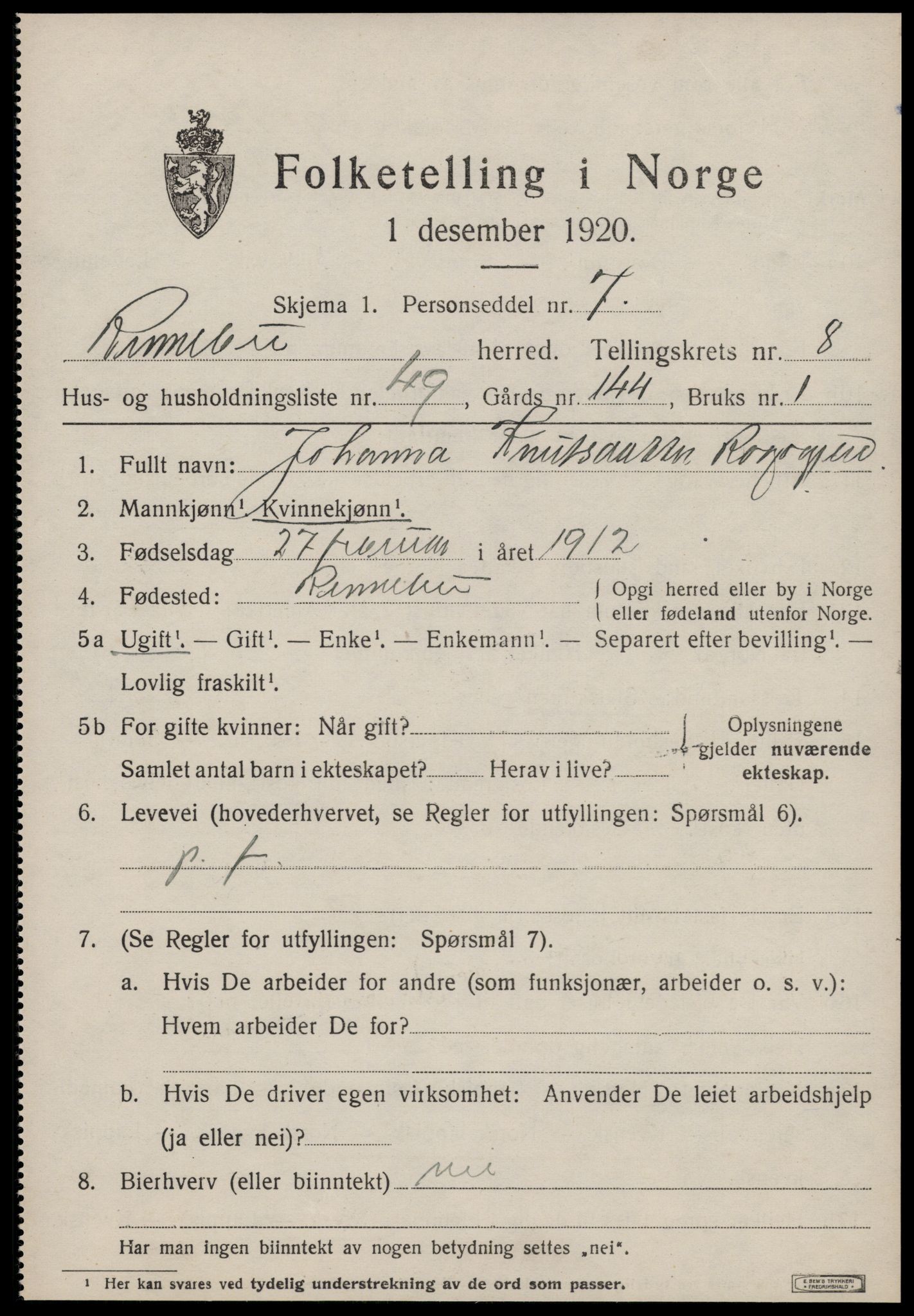 SAT, 1920 census for Rennebu, 1920, p. 5800