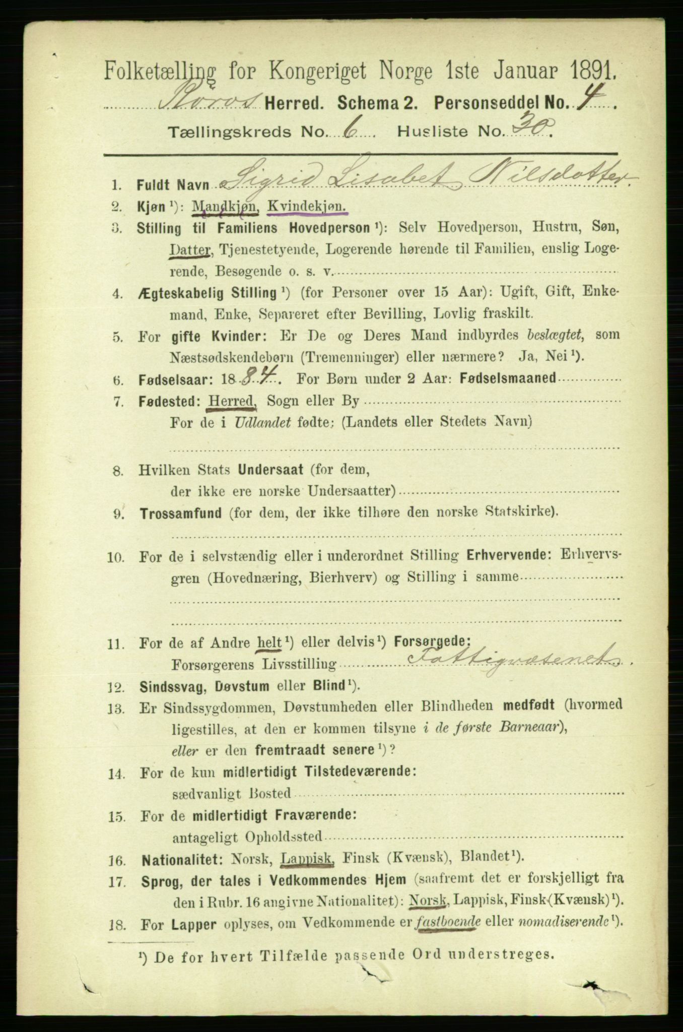 RA, 1891 census for 1640 Røros, 1891, p. 1337