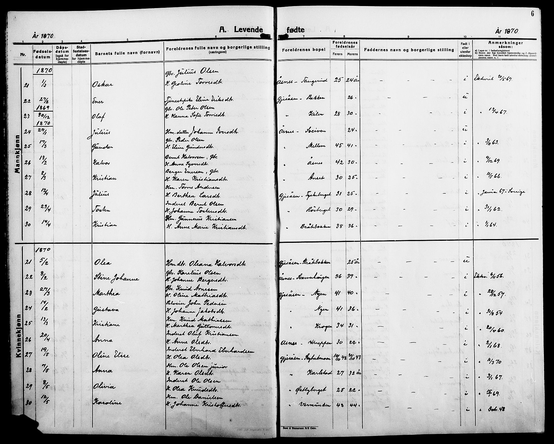 Åsnes prestekontor, AV/SAH-PREST-042/H/Ha/Haa/L0000B: Parish register (official), 1870-1889, p. 6