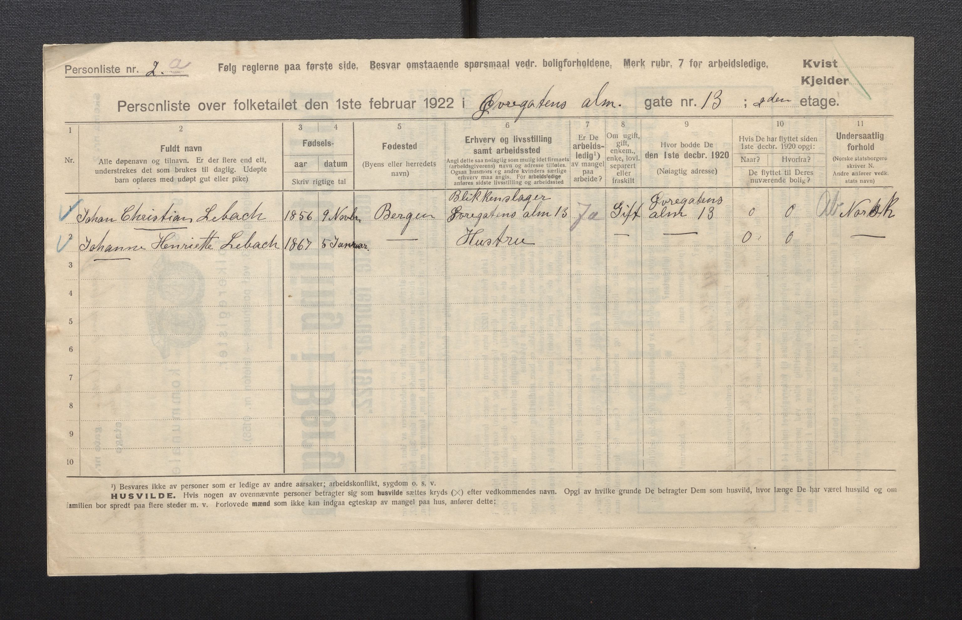 SAB, Municipal Census 1922 for Bergen, 1922, p. 49500