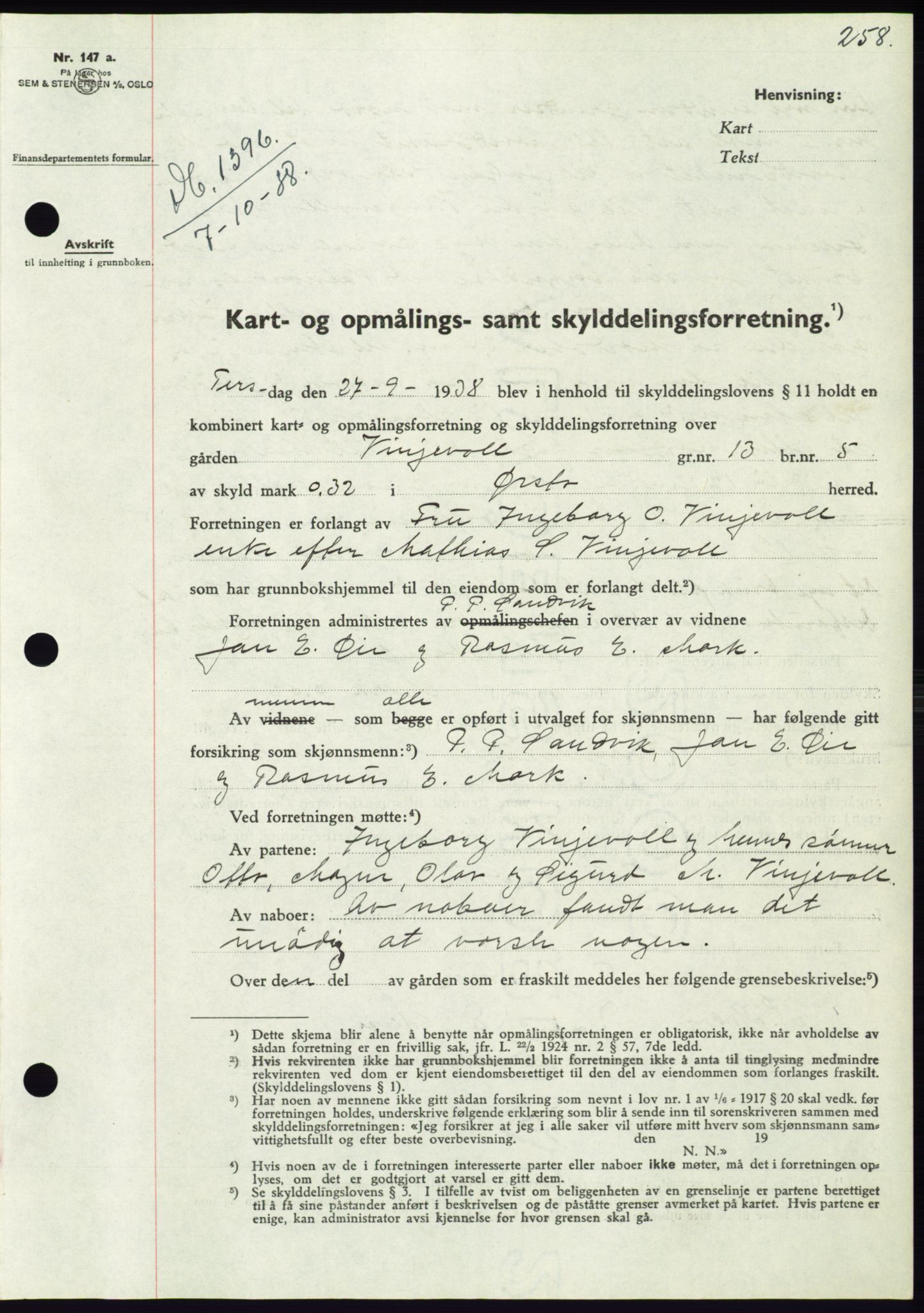 Søre Sunnmøre sorenskriveri, AV/SAT-A-4122/1/2/2C/L0066: Mortgage book no. 60, 1938-1938, Diary no: : 1396/1938