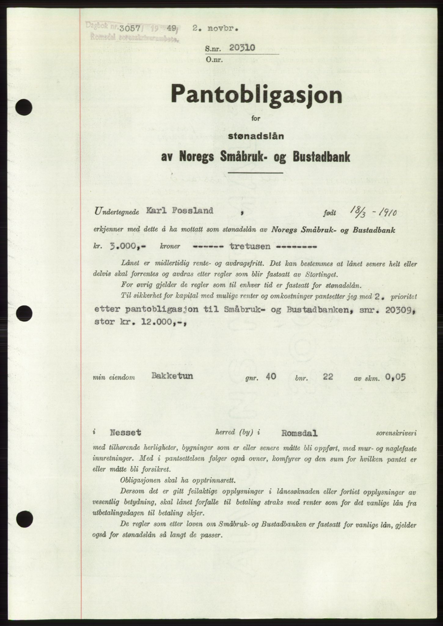 Romsdal sorenskriveri, AV/SAT-A-4149/1/2/2C: Mortgage book no. B5, 1949-1950, Diary no: : 3057/1949