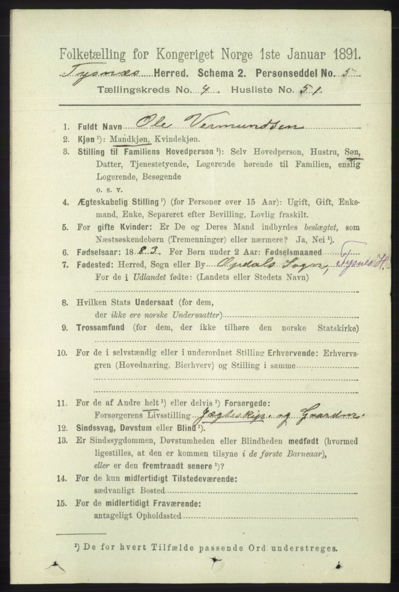 RA, 1891 census for 1223 Tysnes, 1891, p. 1831