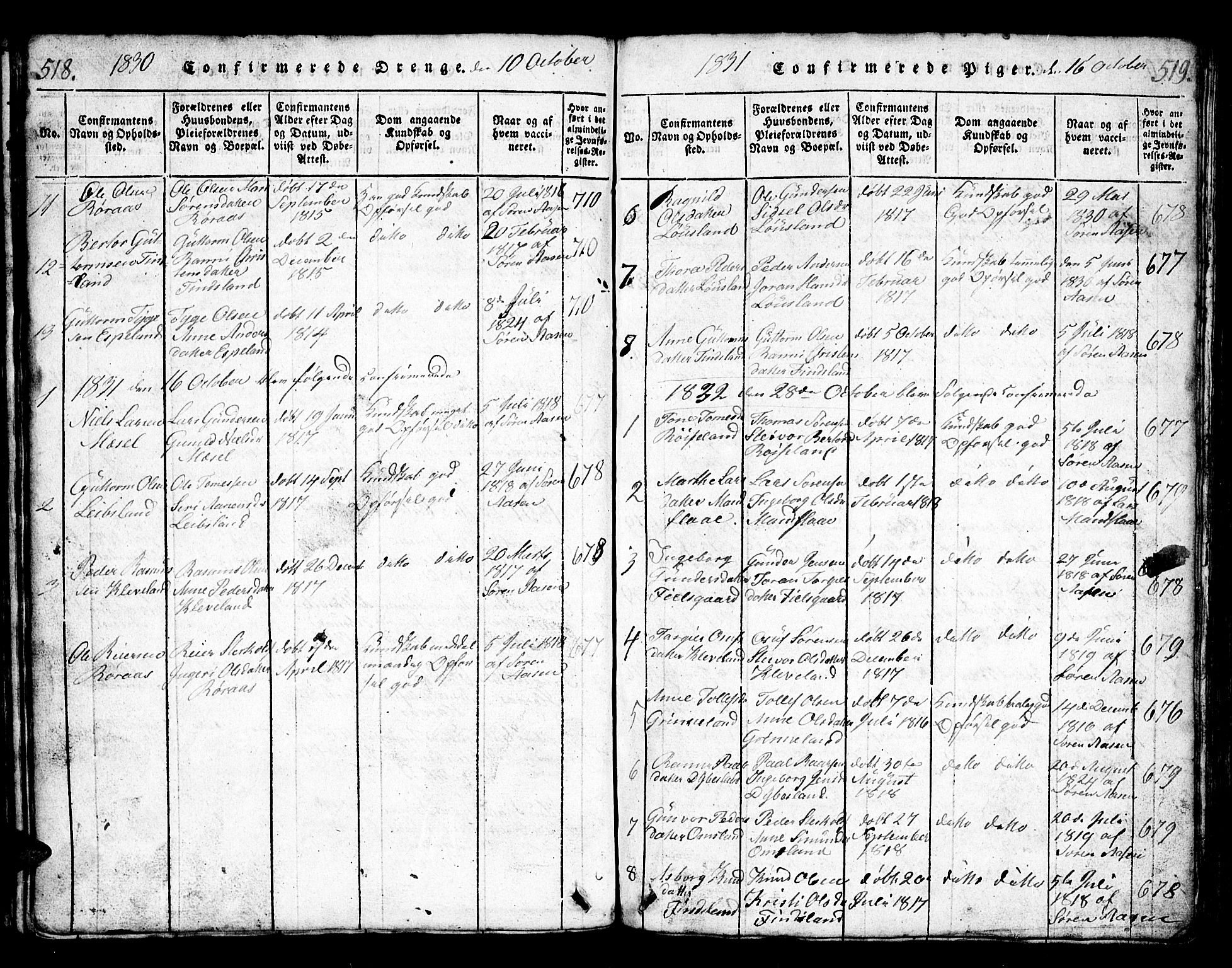 Bjelland sokneprestkontor, SAK/1111-0005/F/Fb/Fbb/L0003: Parish register (copy) no. B 3, 1816-1868, p. 518-519