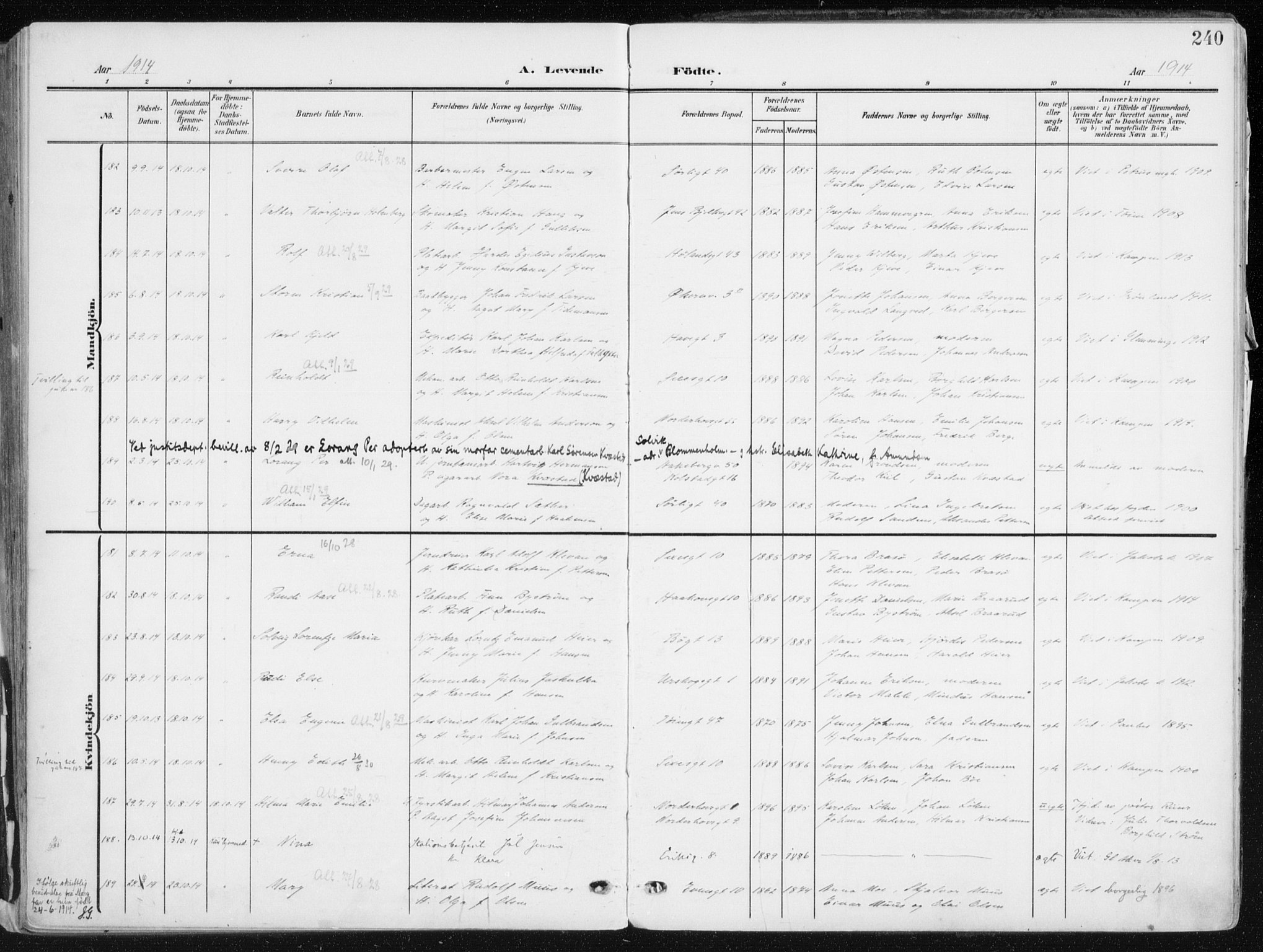 Kampen prestekontor Kirkebøker, SAO/A-10853/F/Fa/L0010: Parish register (official) no. I 10, 1905-1917, p. 240