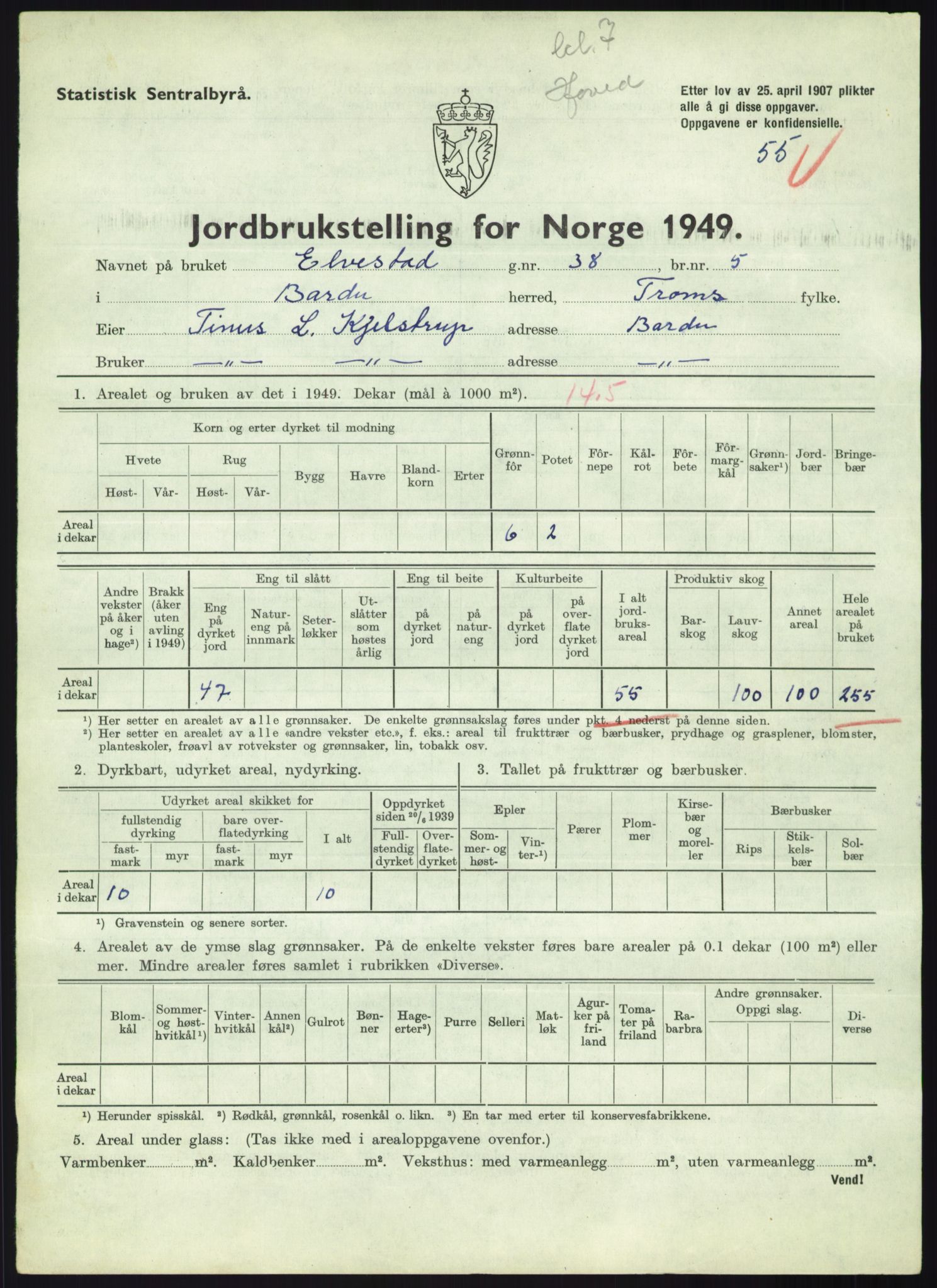 Statistisk sentralbyrå, Næringsøkonomiske emner, Jordbruk, skogbruk, jakt, fiske og fangst, AV/RA-S-2234/G/Gc/L0438: Troms: Salangen og Bardu, 1949, p. 1315