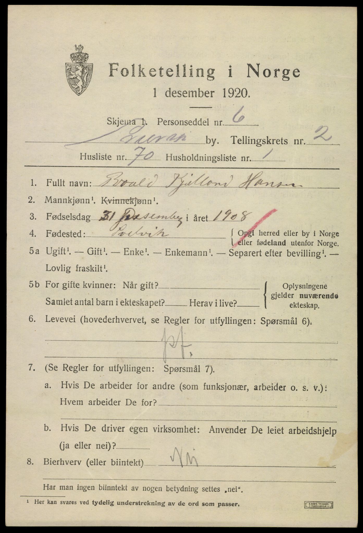 SAKO, 1920 census for Svelvik, 1920, p. 3123