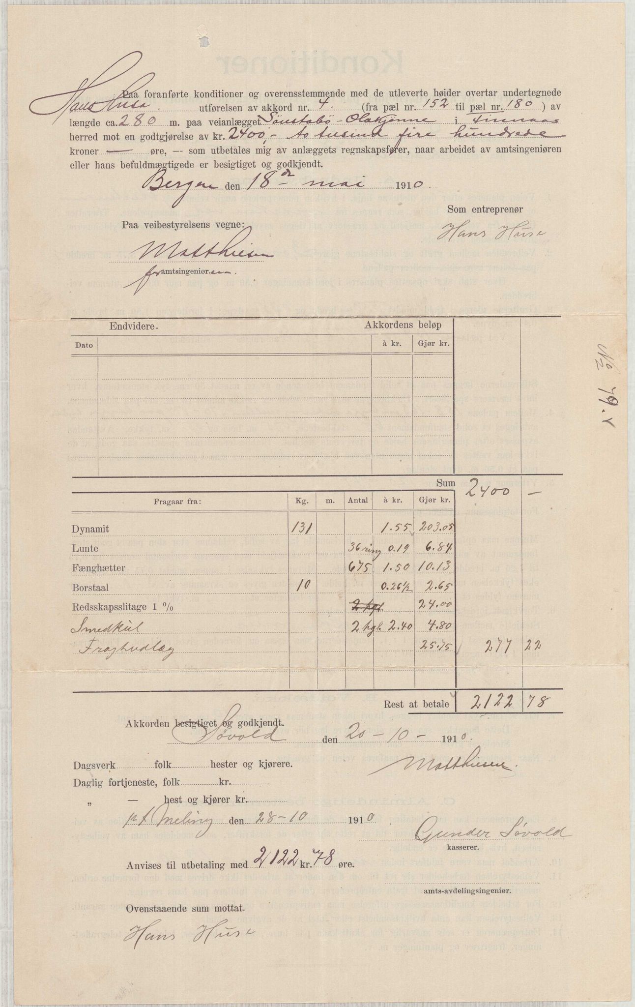 Finnaas kommune. Formannskapet, IKAH/1218a-021/E/Ea/L0001/0006: Rekneskap for veganlegg / Rekneskap for veganlegget Sønstabø - Olakjødn, 1909-1914, p. 48