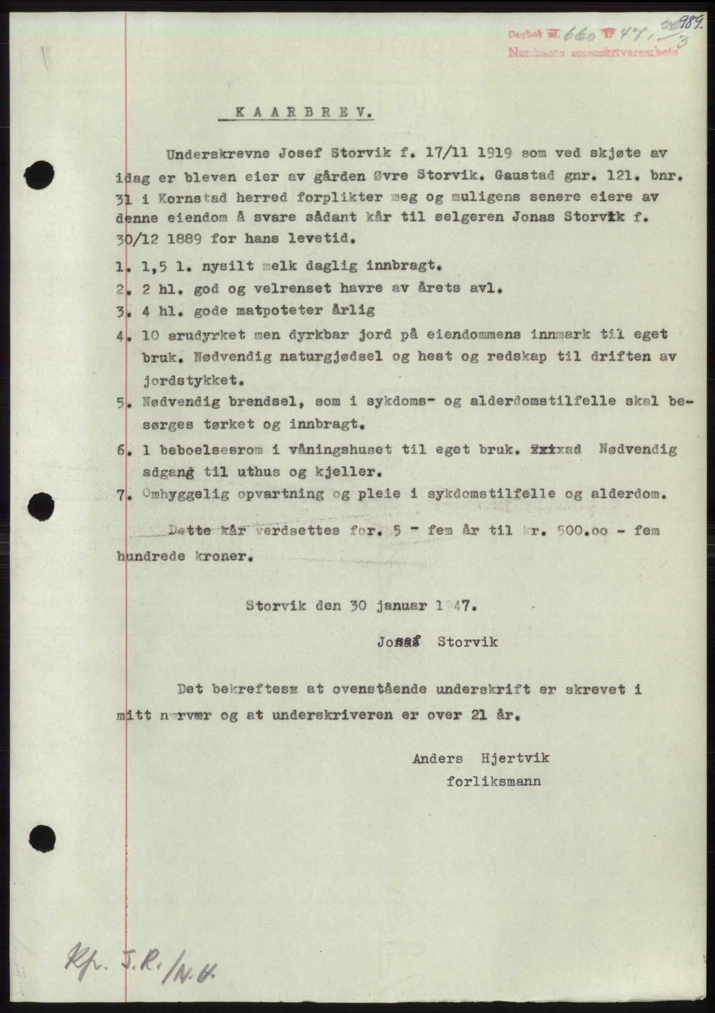 Nordmøre sorenskriveri, AV/SAT-A-4132/1/2/2Ca: Mortgage book no. B95, 1946-1947, Diary no: : 660/1947