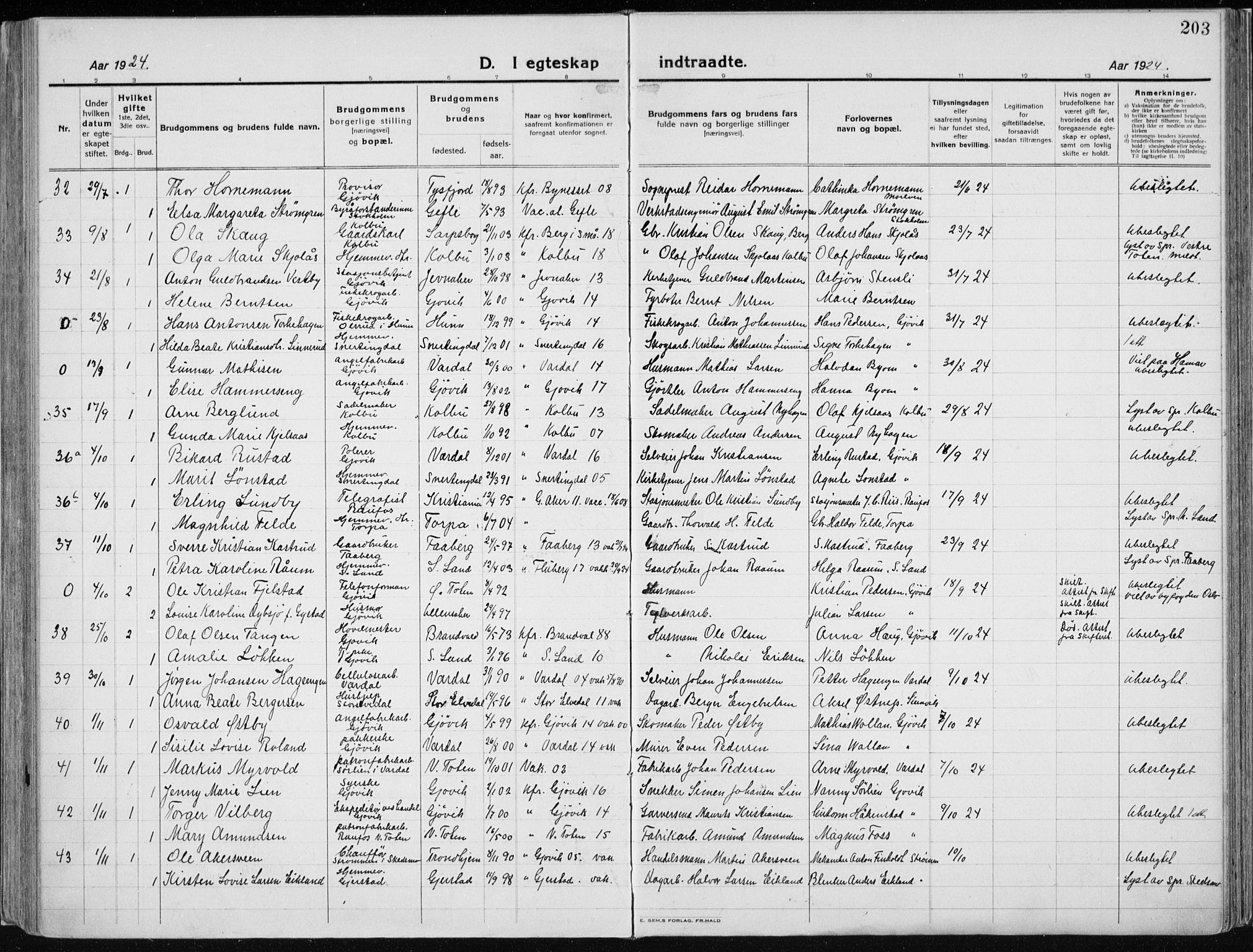 Vardal prestekontor, AV/SAH-PREST-100/H/Ha/Haa/L0015: Parish register (official) no. 15, 1923-1937, p. 203