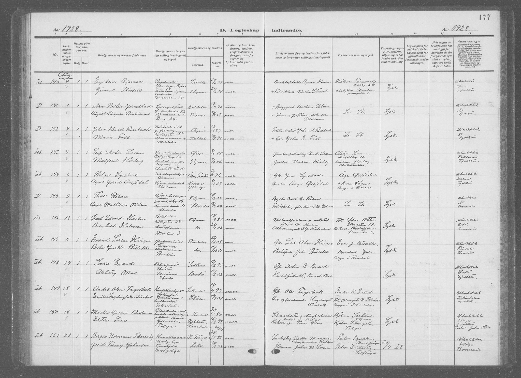 Ministerialprotokoller, klokkerbøker og fødselsregistre - Sør-Trøndelag, SAT/A-1456/601/L0098: Parish register (copy) no. 601C16, 1921-1934, p. 177
