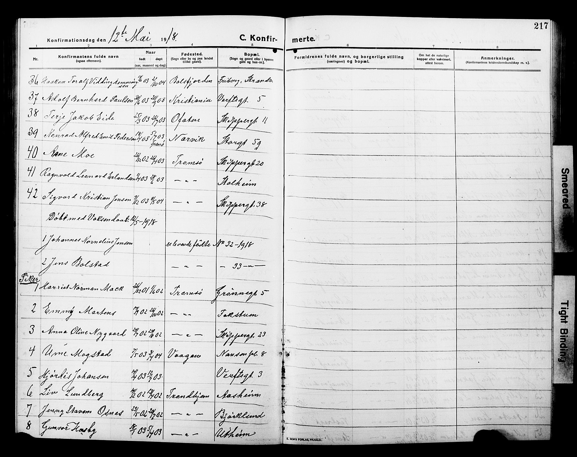 Tromsø sokneprestkontor/stiftsprosti/domprosti, AV/SATØ-S-1343/G/Gb/L0009klokker: Parish register (copy) no. 9, 1915-1925, p. 217