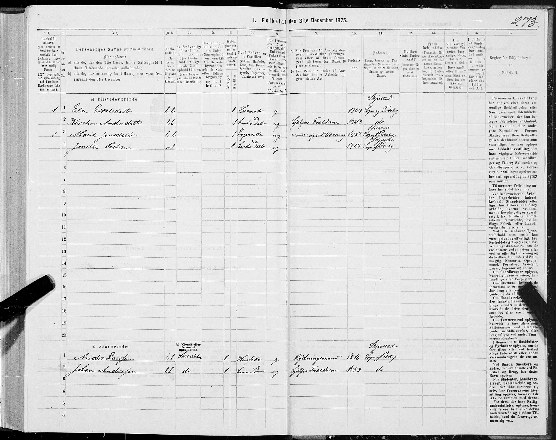 SAT, 1875 census for 1842P Skjerstad, 1875, p. 1273