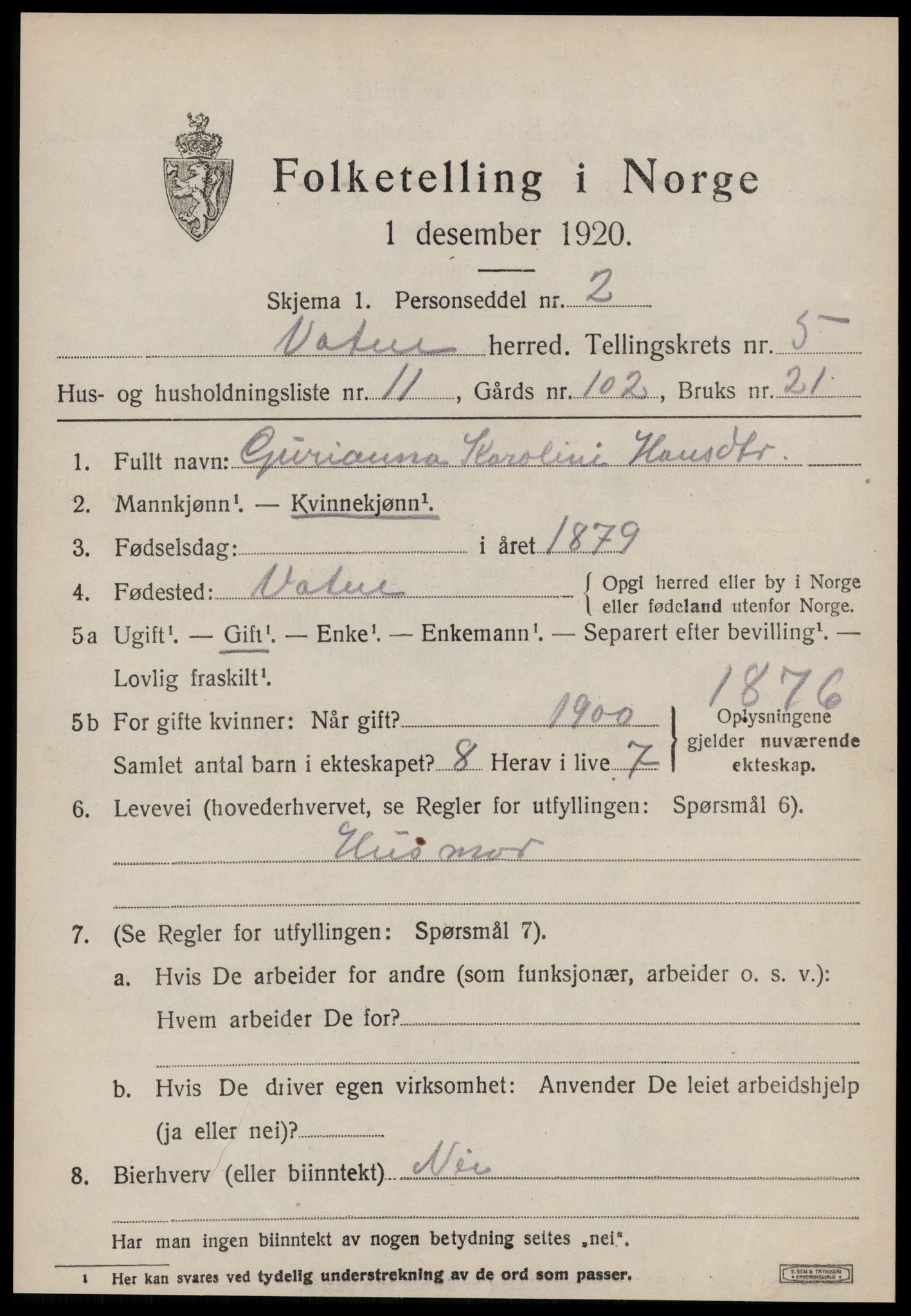 SAT, 1920 census for Vatne, 1920, p. 2284