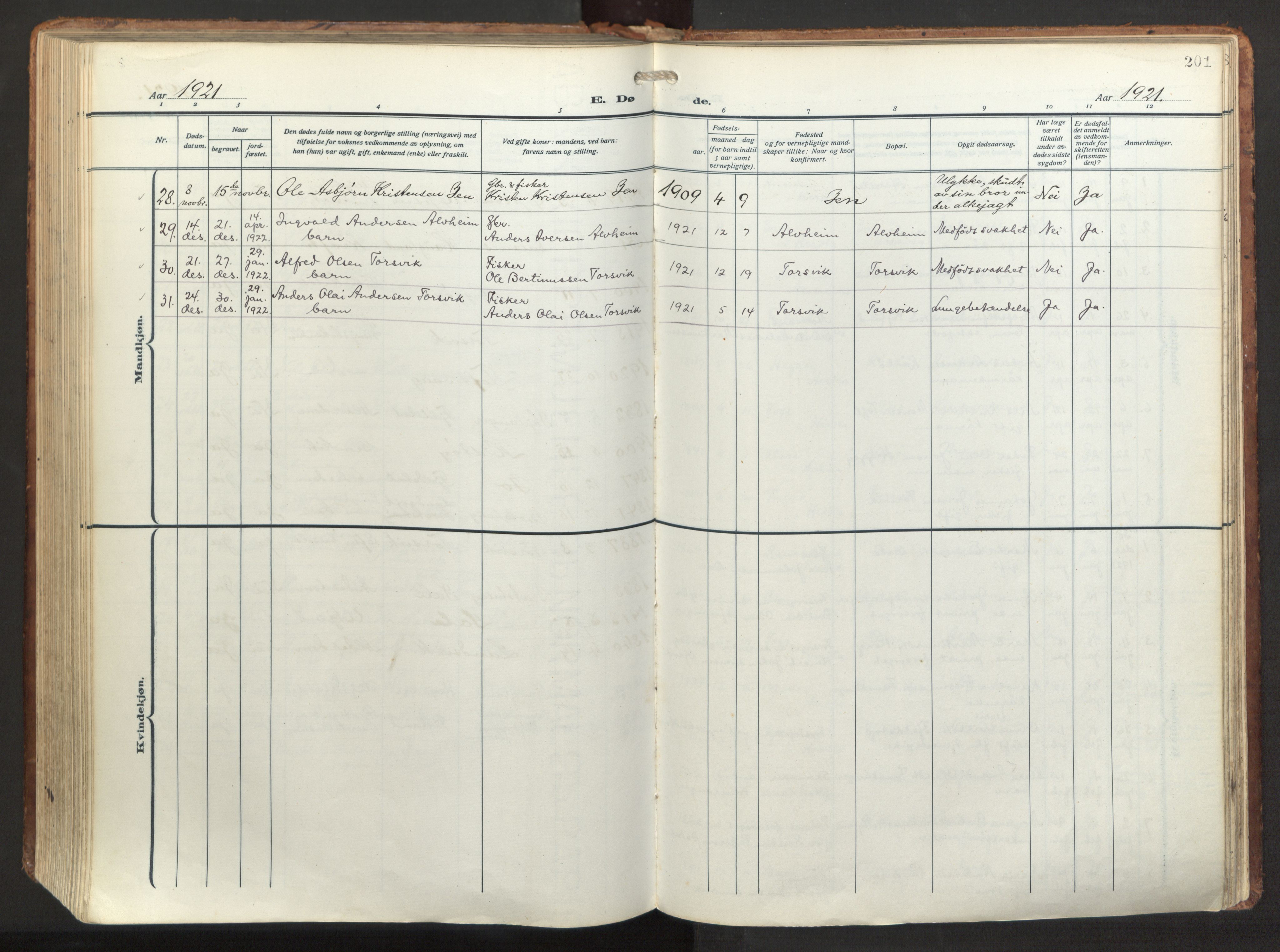 Herdla Sokneprestembete, AV/SAB-A-75701/H/Haa: Parish register (official) no. A 6, 1918-1933, p. 201