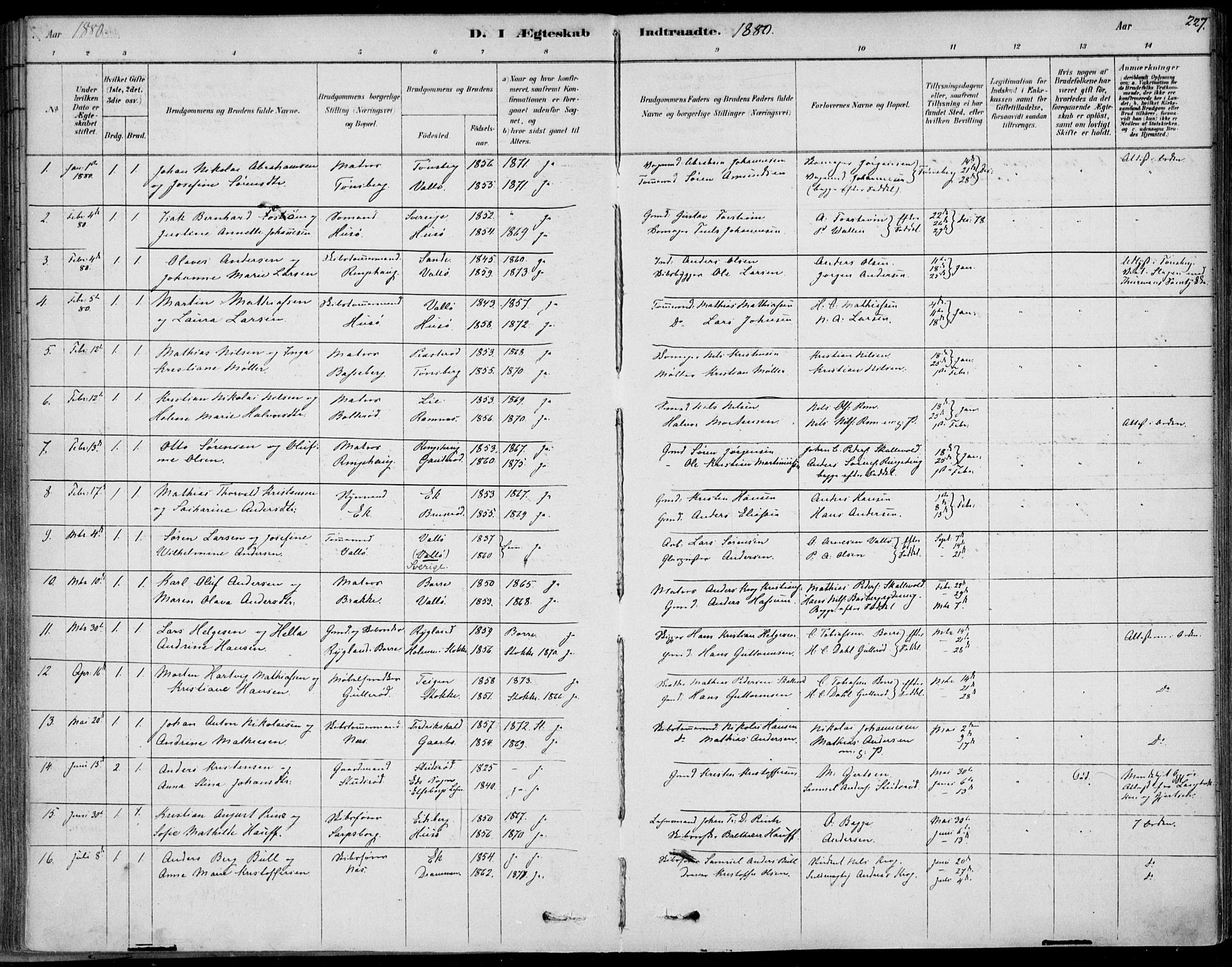 Sem kirkebøker, AV/SAKO-A-5/F/Fb/L0004: Parish register (official) no. II 4, 1878-1891, p. 227