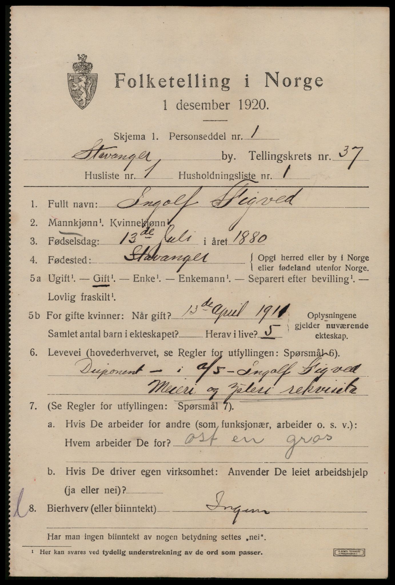 SAST, 1920 census for Stavanger, 1920, p. 97256