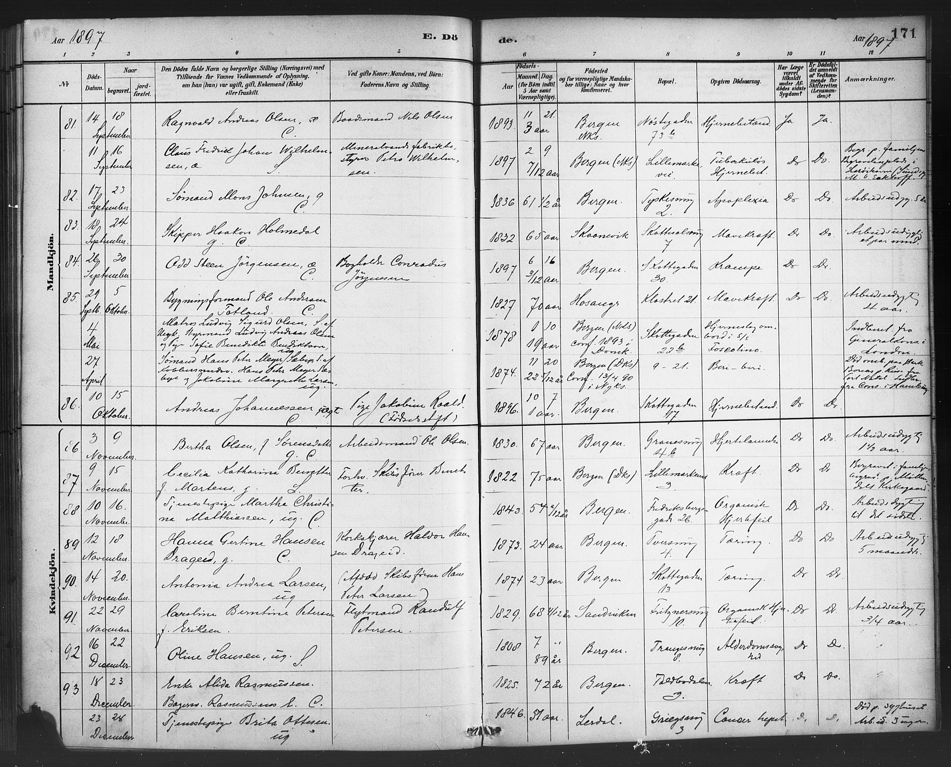 Nykirken Sokneprestembete, AV/SAB-A-77101/H/Haa/L0044: Parish register (official) no. E 4, 1882-1898, p. 171