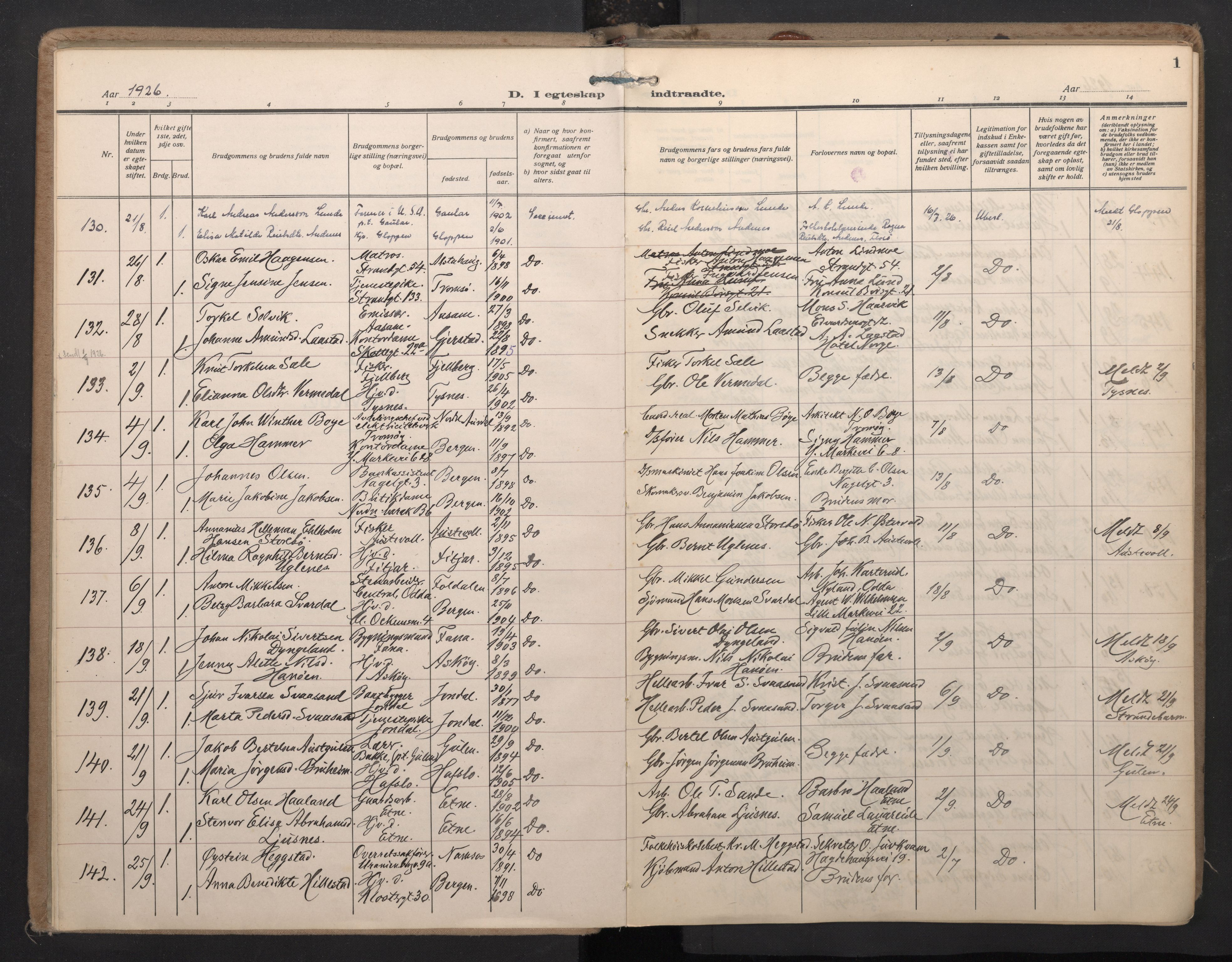 Nykirken Sokneprestembete, SAB/A-77101/H/Haa/L0038: Parish register (official) no. D 8, 1926-1934, p. 0b-1a