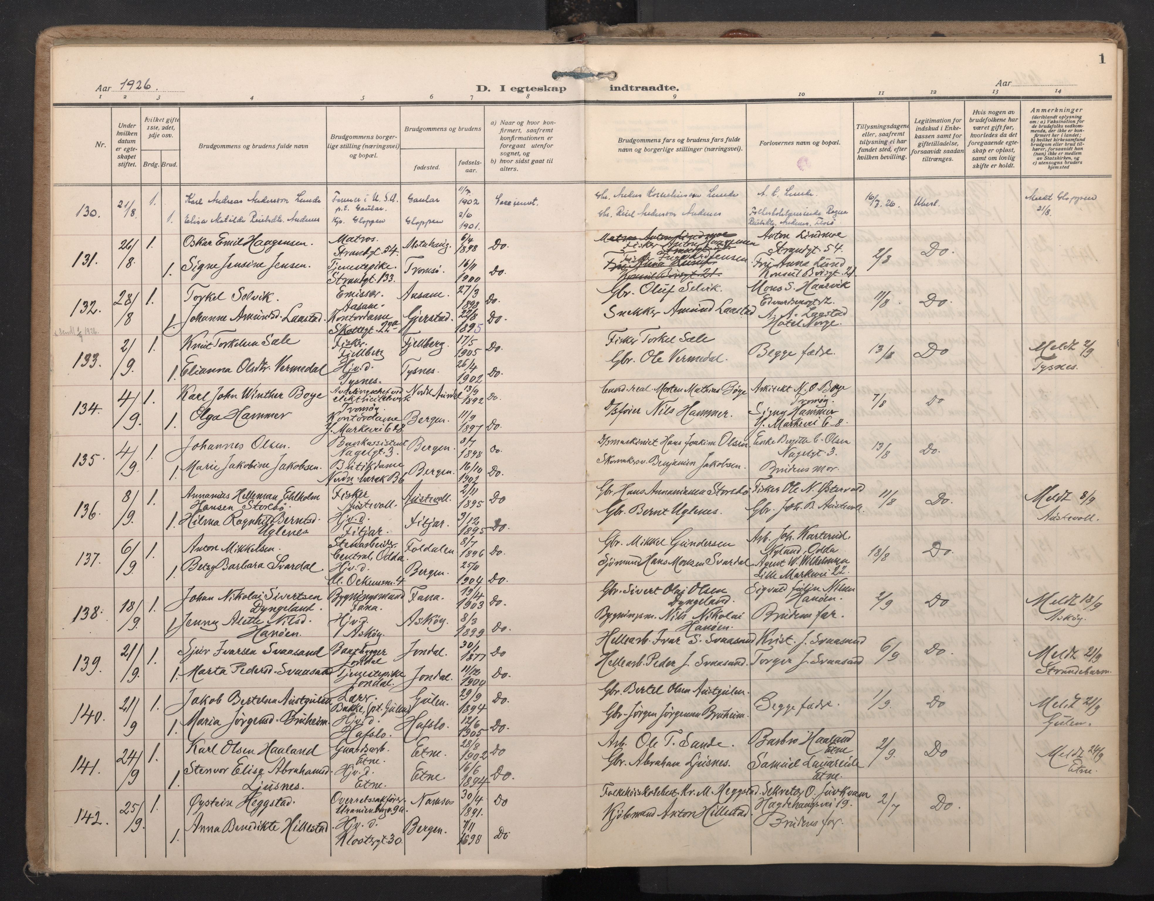 Nykirken Sokneprestembete, AV/SAB-A-77101/H/Haa/L0038: Parish register (official) no. D 8, 1926-1934, p. 0b-1a